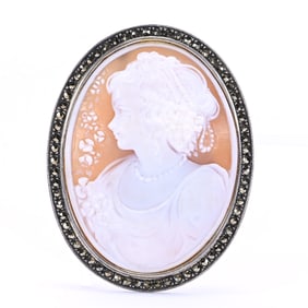 Solid Sterling Silver And Vintage Carved Cameo Broach