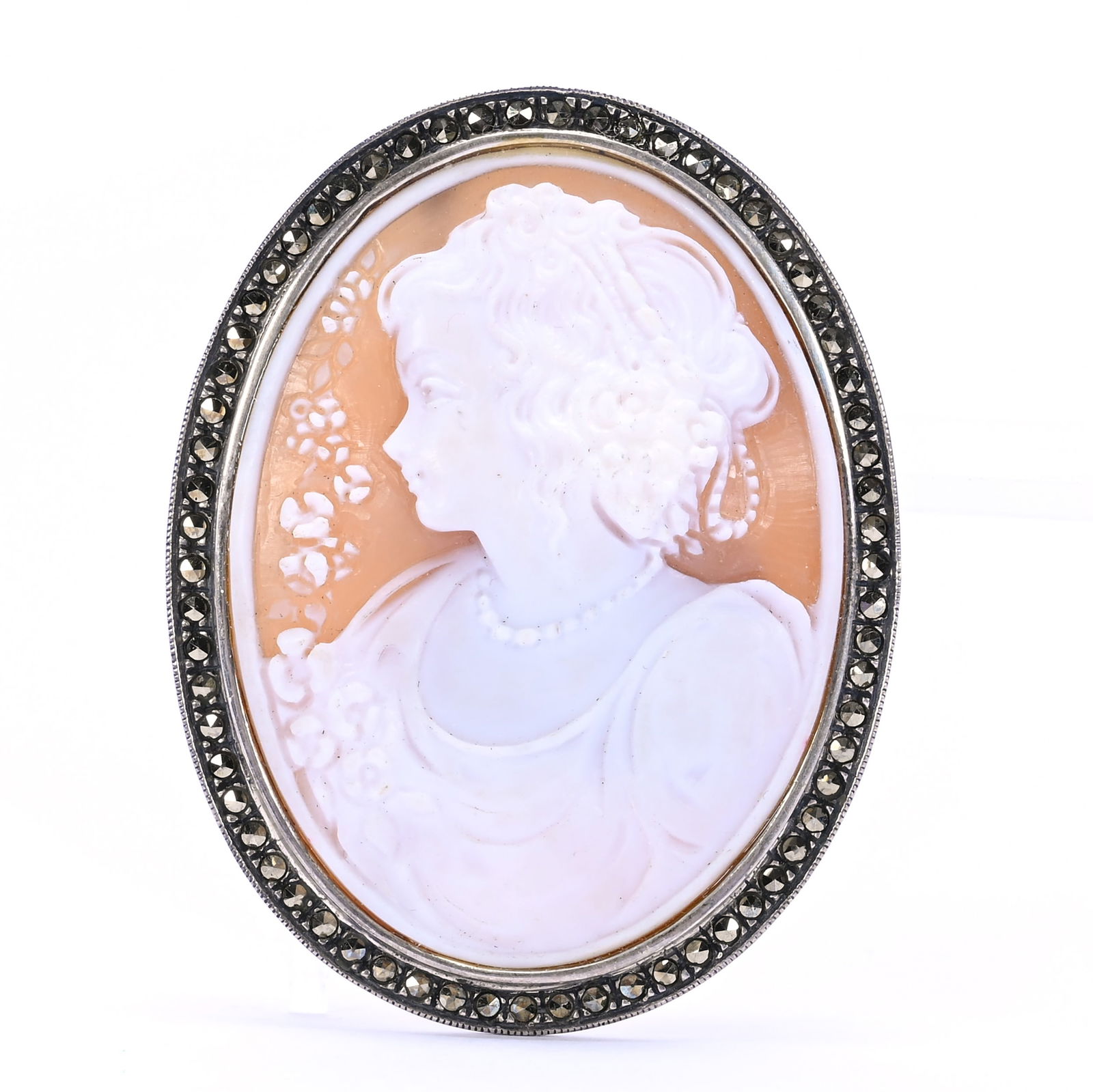 Solid Sterling Silver And Vintage Carved Cameo Broach: Solid Sterling Silver And Vintage Carved Cameo Broach, 2.5 x 1.875 x 0.625 Inches, Elaborately Detailed Portrait, Inset Rhinestone Border, Maker's Mark Of "JJ", 30.0 Grams, Dr. Harold & Audrey Eklund