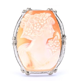Solid Silver And Vintage Carved Cameo Broach