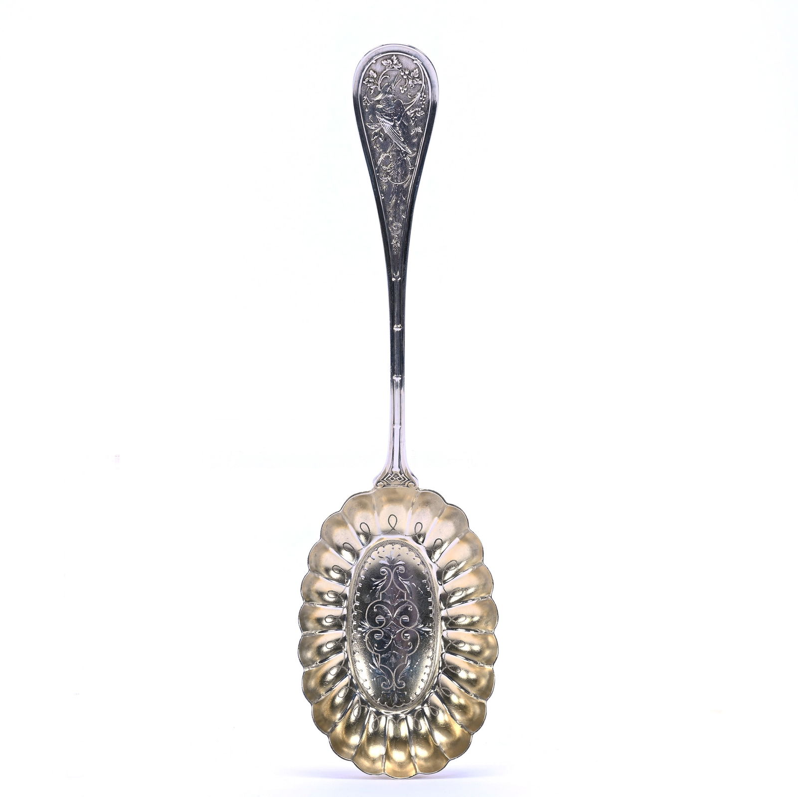 Solid Sterling Silver Ice Cream Serving Spoon Marked "Sterling Patent", Japanese Pattern By Tiffany: Solid Sterling Silver Ice Cream Serving Spoon Marked "Sterling Patent", Japanese Pattern By Tiffany, 9 x 2.5 x 1.75 Inches, Melon Ribbed Bowl With Gilding, Embossed Bird & Floral Handle, A Nearly Iden