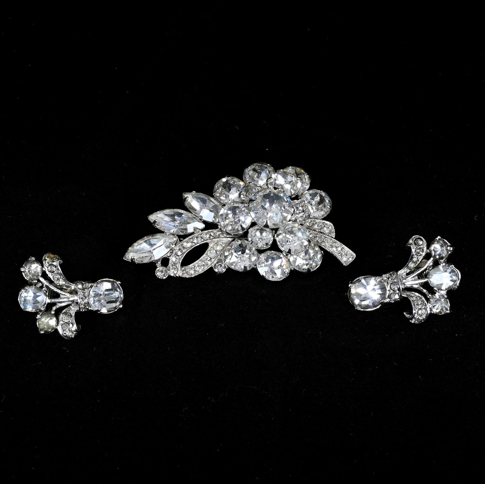 Costume Jewelry Set Marked Eisenberg Ice, Three Pieces: Costume Jewelry Set Marked Eisenberg Ice, Three Pieces, 2.25 x 1.5 x 0.75 Inches, Set Includes Broach, Cluster & Bow Tie Design, Matching Earrings, Circa 1940's, 0.1 Pounds, Dr. Harold & Audrey