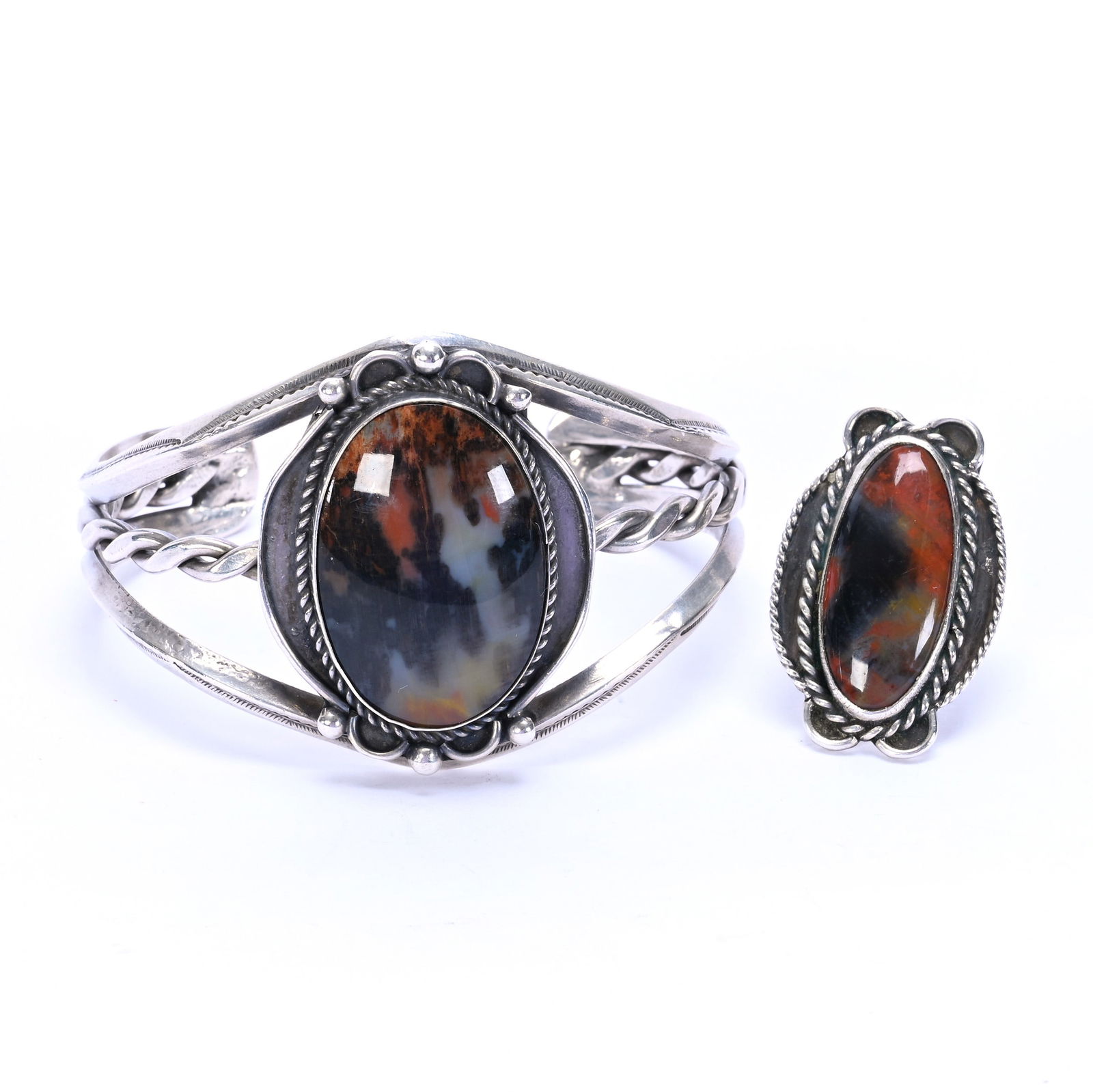 Native American Bracelet & Ring Set, Solid Silver With Polished Petrified Wood Medallions: Native American Bracelet & Ring Set, Solid Silver With Polished Petrified Wood Medallions, 1.5 x 2.5 x 2 Inches, No Visible Maker's Marks, Ring Size Is 5.5, 48.0 Grams, Dr. Harold & Audrey Eklund