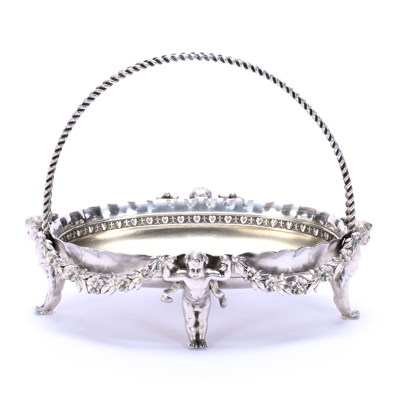 Oval Basket Marked Tufts #3314 Silverplate: Oval Basket Marked Tufts #3314 Silverplate, 5.5 x 7 x 4.75 Inches, Four Cherubs Holding Floral Garland Design, 0.9 Pounds, Dr. Harold & Audrey Eklund Estate, Iowa.