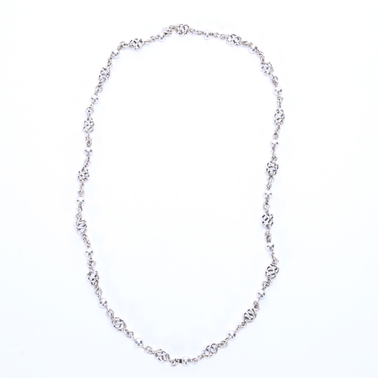 Solid Sterling Silver Necklace, Continuous, Marked Mexico 925: Solid Sterling Silver Necklace, Continuous, Marked Mexico 925, 14 x 0.5 x 0.5 Inches, Elaborate Open Spiral Design, 77.0 Grams, Dr. Harold & Audrey Eklund Estate, Iowa.