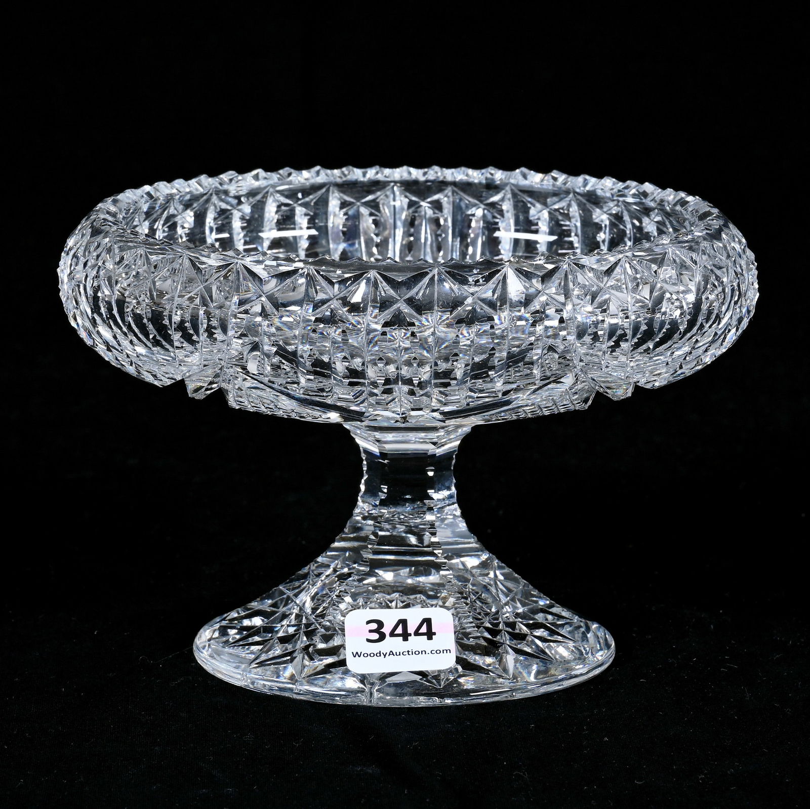 Pedestal Bonbon, American Brilliant Cut Glass, Prism And Nailhead Diamond Motif: Pedestal Bonbon, American Brilliant Cut Glass, Prism And Nailhead Diamond Motif, 3.75 x 5.75 x 5.75 Inches, Petticoat Hobstar Foot, 1.5 Pounds, Dr. Harold & Audrey Eklund Estate, Iowa.