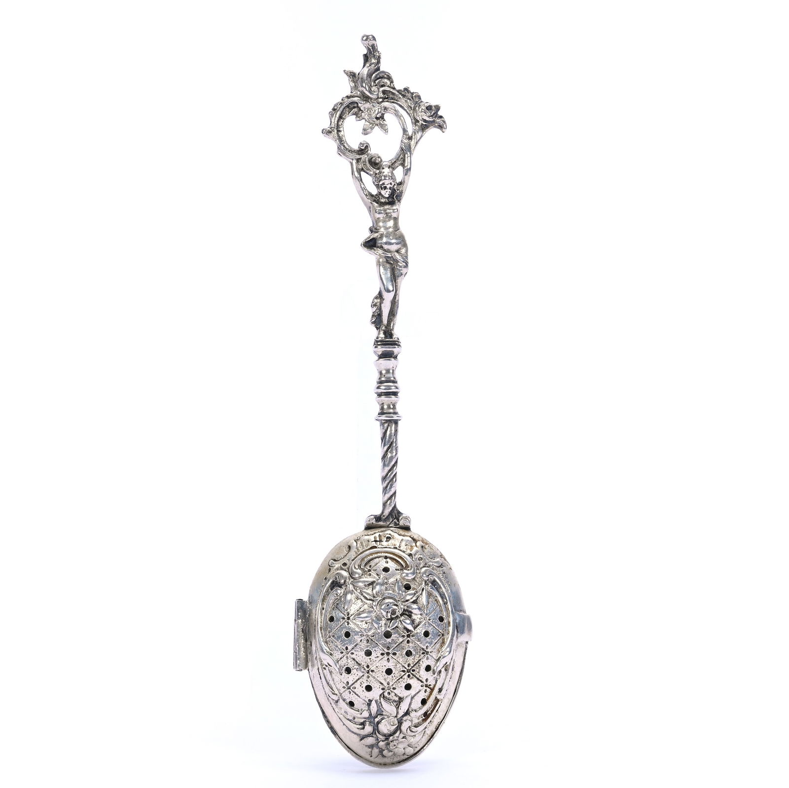 Solid Silver German Tea Infuser, 800 Purity: Solid Silver German Tea Infuser, 800 Purity, 6.75 x 1.5 x 1 Inches, Nude Handle, 47.0 Grams, Dr. Harold & Audrey Eklund Estate, Iowa.