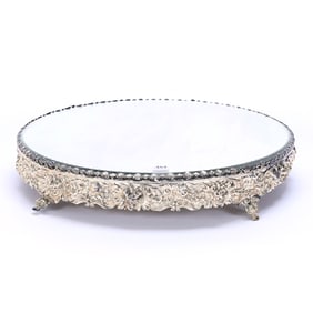 Beveled Mirror Plateau, Embossed Silverplate Floral Frame