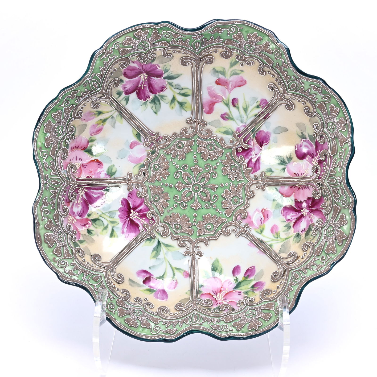 Bowl Marked Nippon: Bowl Marked Nippon, 2.75 x 9.75 x 9.75 Inches, Green, Cream & White Tones, Pink Floral Decor, Heavy Moriaga Overlay, 1.3 Pounds, Dr. Harold & Audrey Eklund Estate, Iowa.