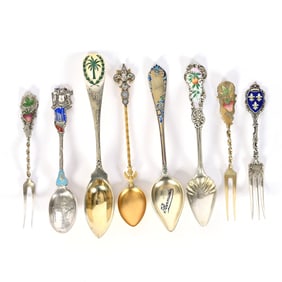 (8) Solid Sterling Silver Spoons & Forks With Enamel Highlights