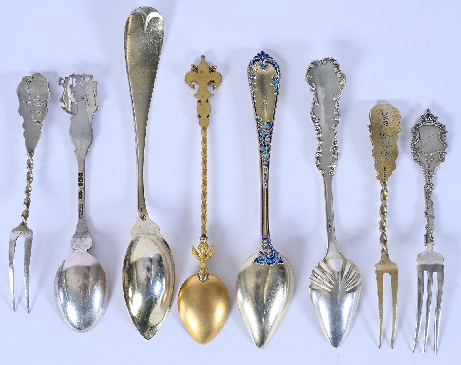 (8) Solid Sterling Silver Spoons & Forks With Enamel Highlights - 2