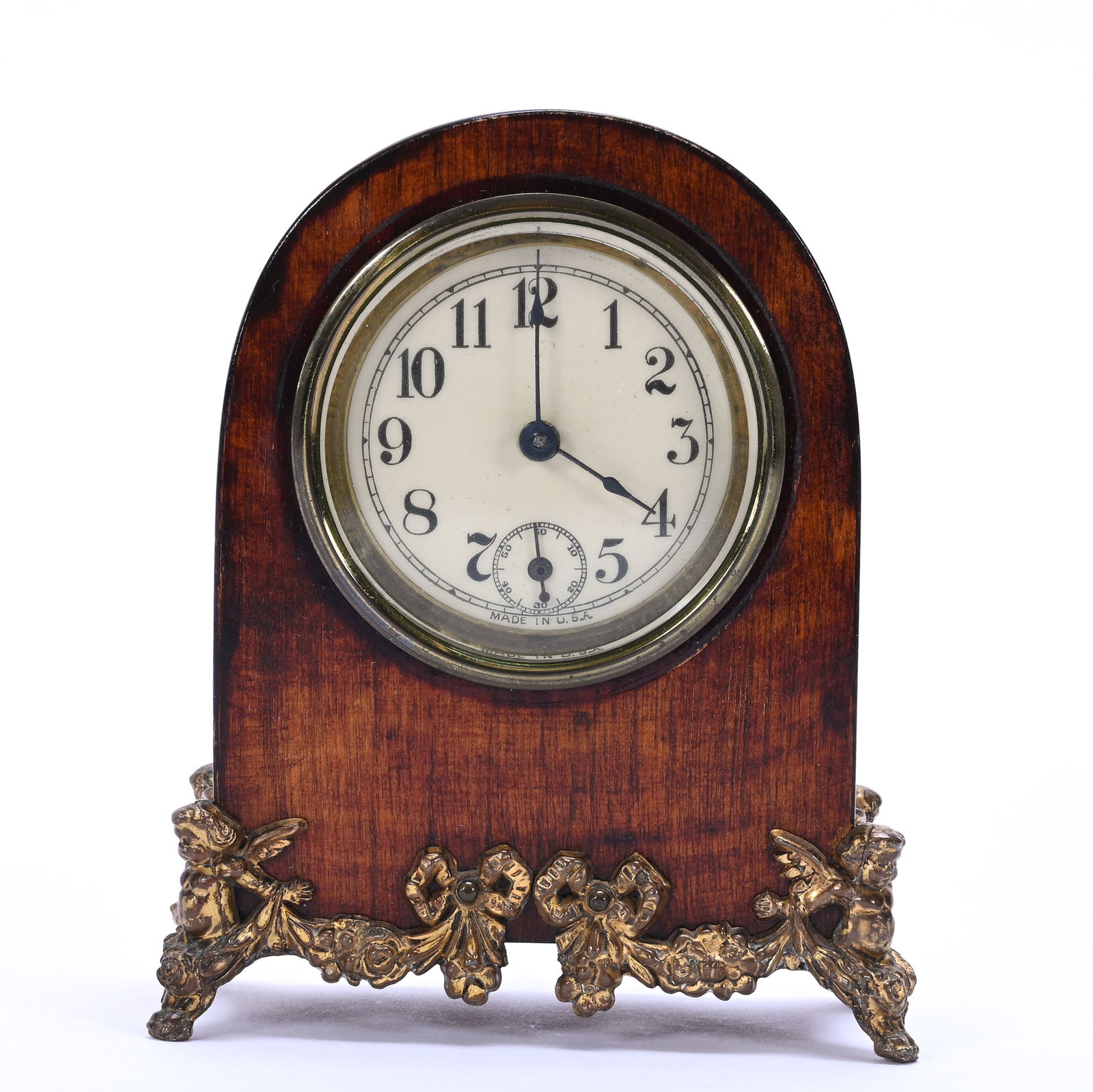 Desk Clock, Beehive Case, Wind-Up, Made In Usa: Desk Clock, Beehive Case, Wind-Up, Made In USA, 4.25 x 3.5 x 2 Inches, Gilt Metal Cherub Feet, 0.6 Pounds, Dr. Harold & Audrey Eklund Estate, Iowa.