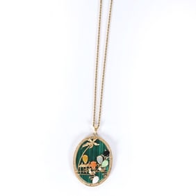 14k Gold Pendant On Chain, Malachite With Jeweled Stone Highlights