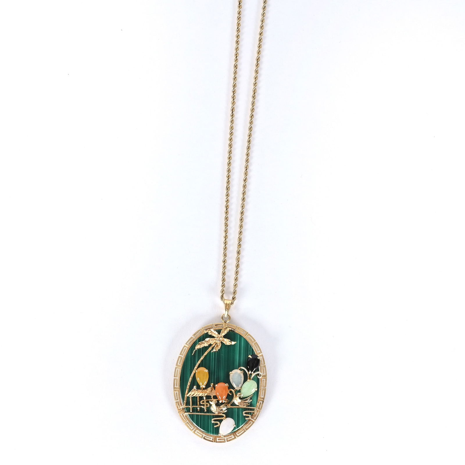 14k Gold Pendant On Chain, Malachite With Jeweled Stone Highlights: 14k Gold Pendant On Chain, Malachite With Jeweled Stone Highlights, 1.75 x 1.375 x 0.25 Inches, Gold Necklace, Frame, Palm Tree, Hut & Duck Design, Late 20th Century, 21.0 Grams, Dr. Harold & Audrey