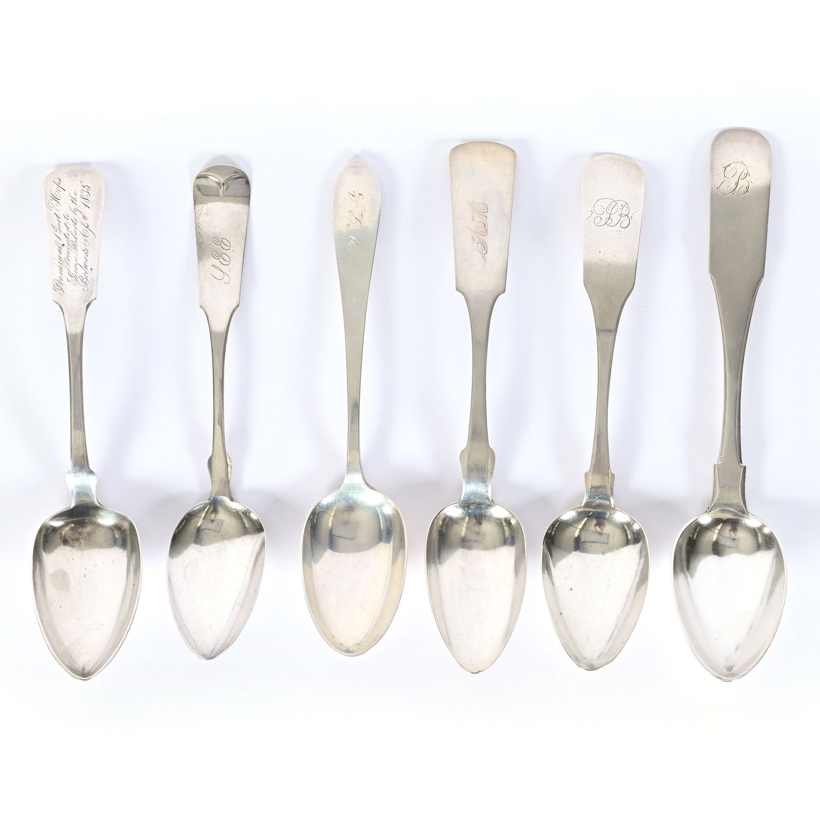 (6) Solid Coin Silver Serving Spoons: (6) Solid Coin Silver Serving Spoons, 9.5 x 1.75 x 1.75 Inches, Various American Silversmiths Including Du Moutet, H. Raymond, D. Wells, Ira S. Town, E. Wyer & More, Circa 1800's, 326.0 Grams, Dr.