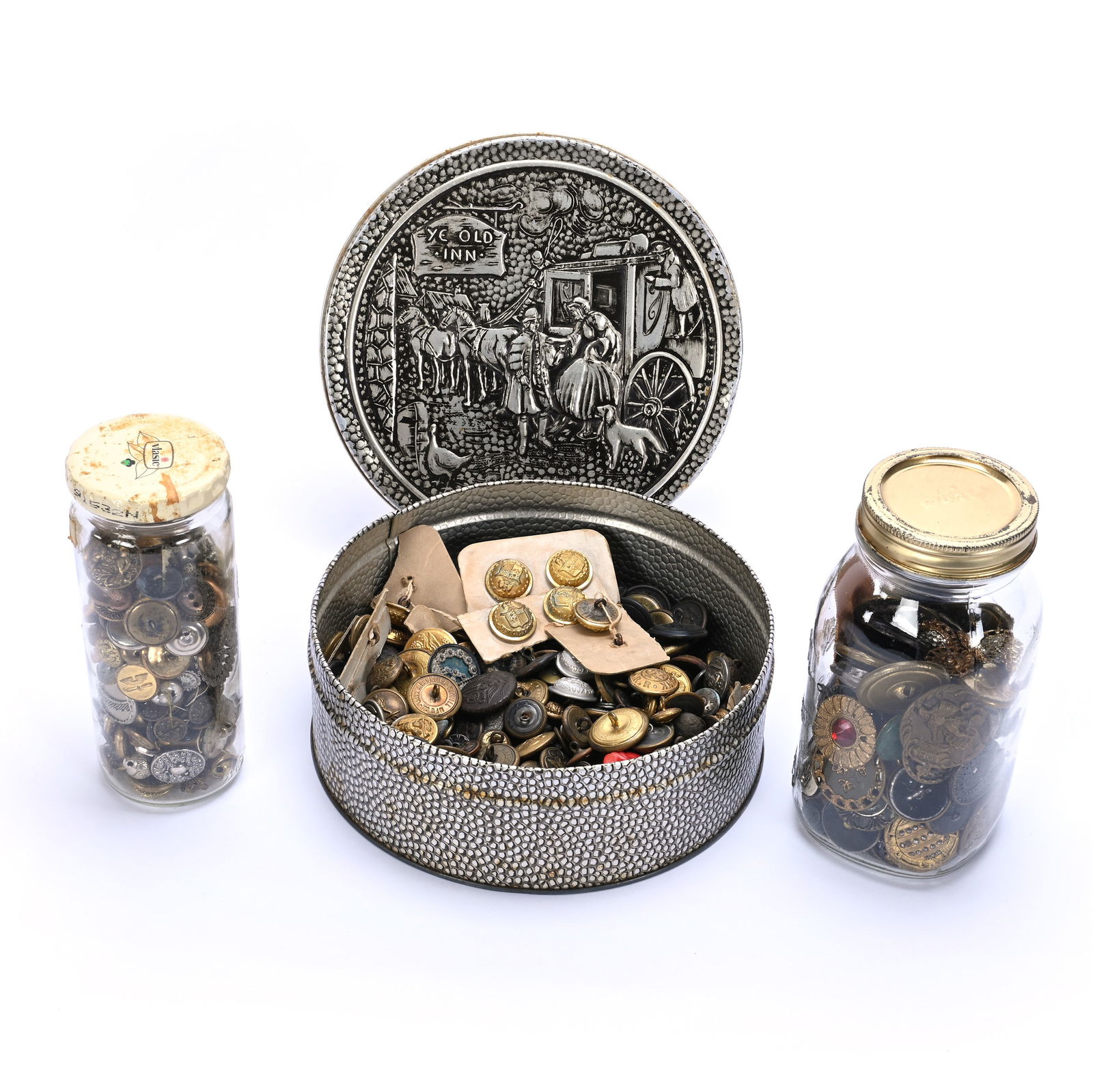 Large Assortment Of Antique Buttons Including: Large Assortment Of Antique Buttons, 3 x 8 x 8 Inches, Buttons Include Many Military, Fire Department, Police, Advertising, Railroad, City Services And More, See Photos For Details, Buttons Are In