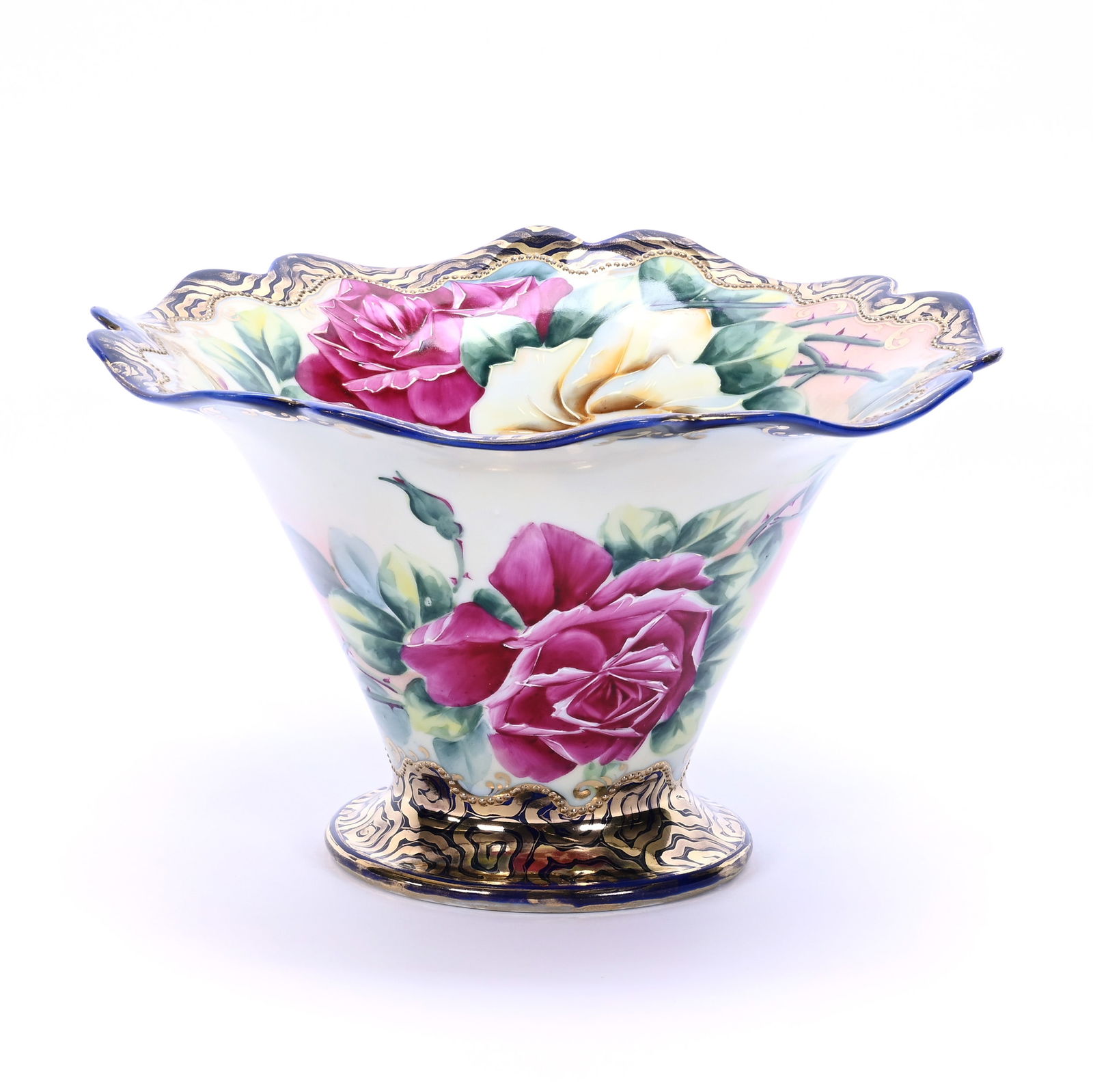 Flared Vase Marked Nippon: Flared Vase Marked Nippon, 6.25 x 10.25 x 10.25 Inches, Yellow Tones, Cobalt Blue Border, Pink & Yellow Rose Decor, Gold Stencil Highlights, 2.1 Pounds, Dr. Harold & Audrey Eklund Estate, Iowa.