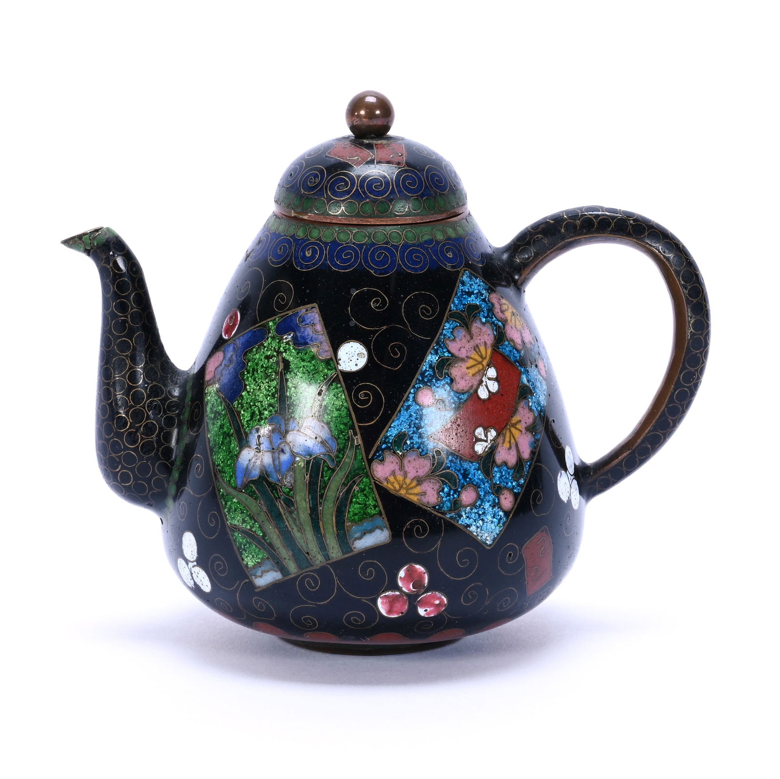 Tea Pot, Unmarked Japanese Cloisonne: Tea Pot, Unmarked Japanese Cloisonne, 3.5 x 4.25 x 2.75 Inches, Black With Colorful Floral Panels, 0.3 Pounds, Dr. Harold & Audrey Eklund Estate, Iowa.