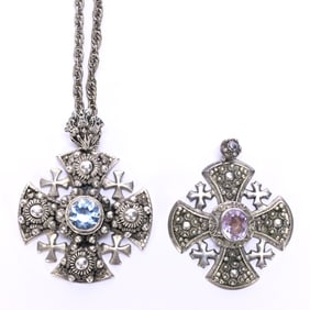 (2) Solid Silver Jerusalem Crosses With Gem Centers, 900 Purity