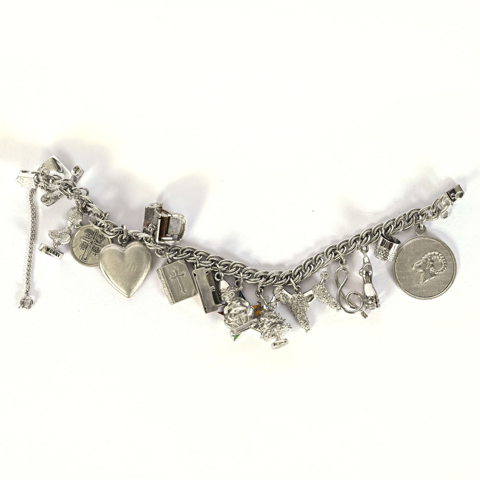 Solid Sterling Silver Charm Bracelet Marked B. A. Ballou: Solid Sterling Silver Charm Bracelet Marked B. A. Ballou, 7 x 1 x 0.5 Inches, Bracelet Has (15) Charms Including Telephone, Typewriter, Poodle Dog, Christmas Tree & More, See Photos For Details, 64.0