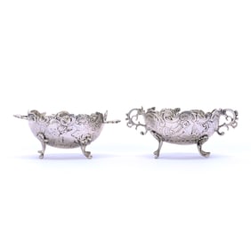 Solid Silver Salt Cellars, 800 Purity, Footed And Handled