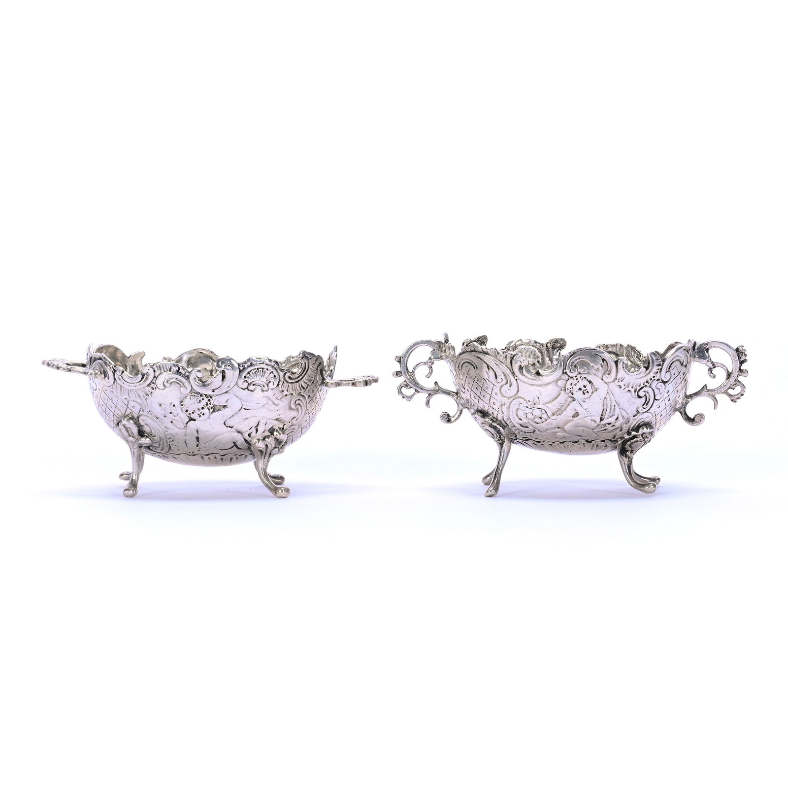 Solid Silver Salt Cellars, 800 Purity, Footed And Handled (1 of 3)