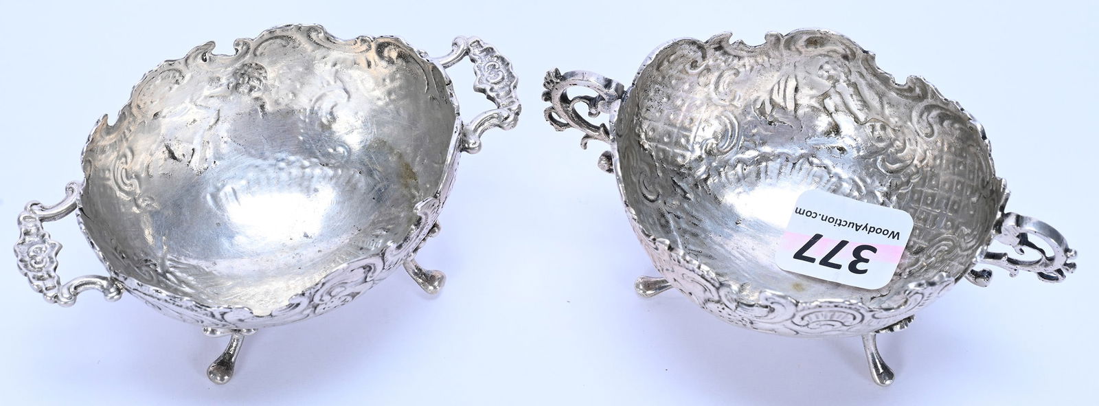 Solid Silver Salt Cellars, 800 Purity, Footed And Handled - 2