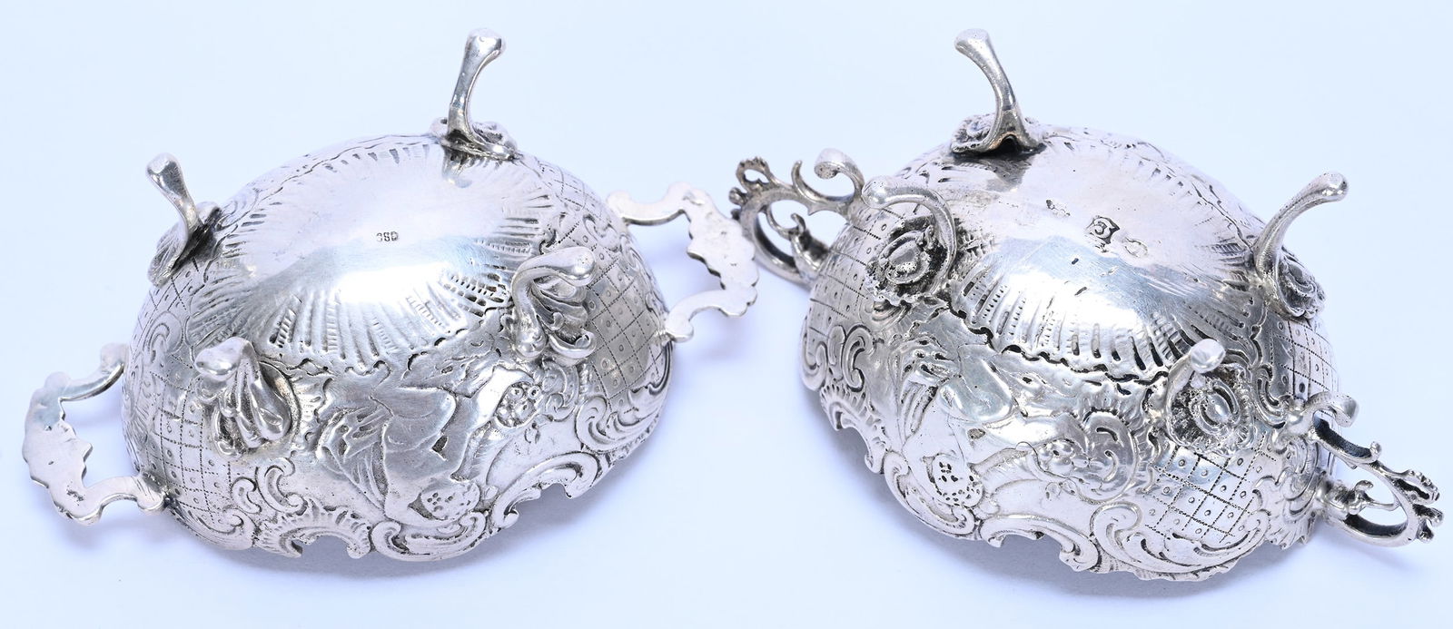 Solid Silver Salt Cellars, 800 Purity, Footed And Handled - 3