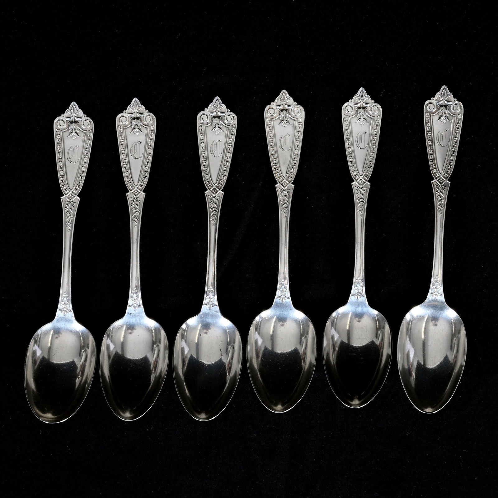 (6) Solid Sterling Silver Serving Spoons Marked John T. Fox With Whiting Hallmark: (6) Solid Sterling Silver Serving Spoons Marked John T. Fox With Whiting Hallmark, 8.25 x 1.75 x 1.5 Inches, Ivy Pattern With Devil's Head, 325.0 Grams, Dr. Harold & Audrey Eklund Estate, Iowa.