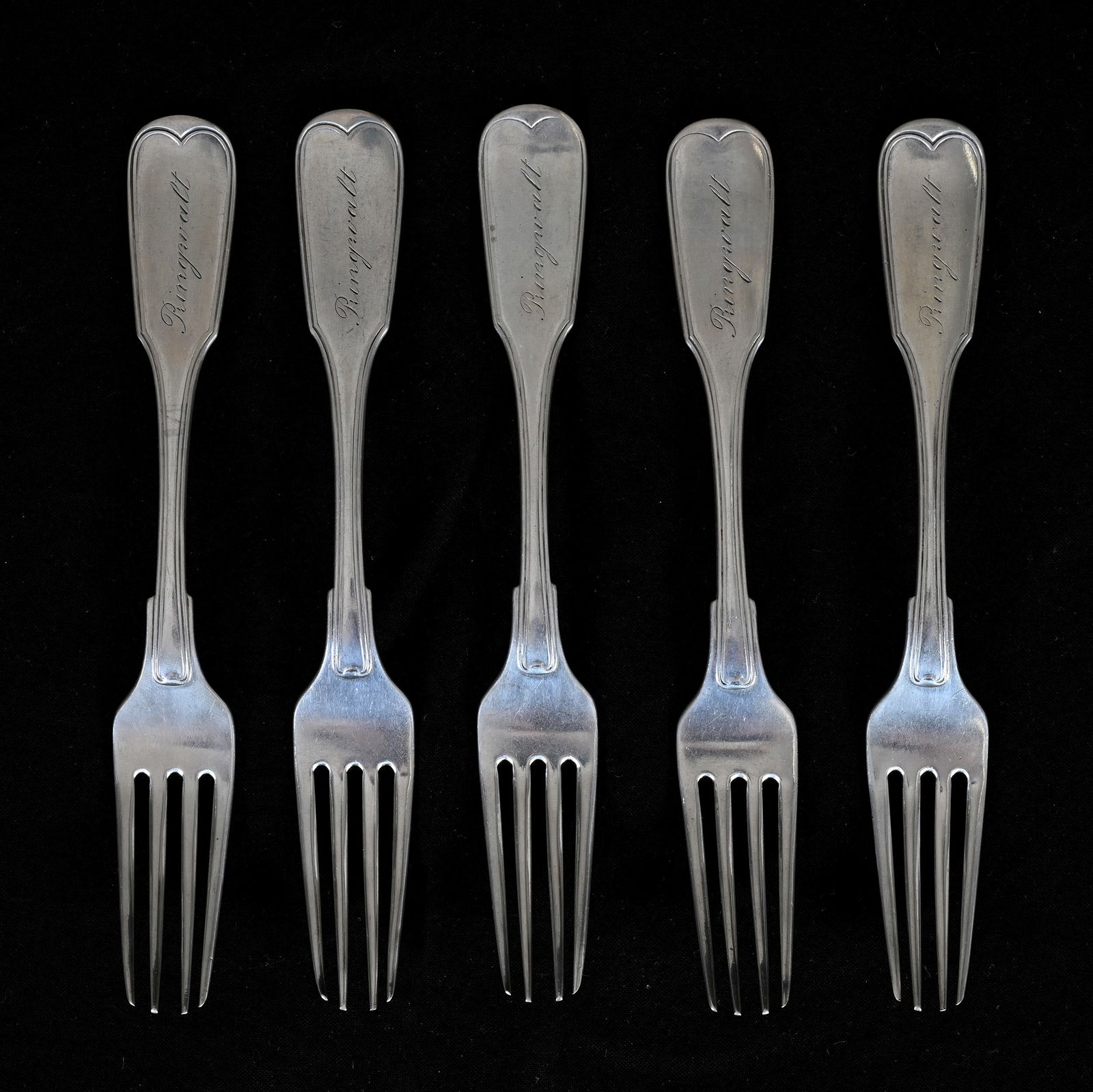 (5) Solid Coin Silver Forks Marked William Owen, (Cincinnati), Circa 1860's: (5) Solid Coin Silver Forks Marked William Owen, (Cincinnati), Circa 1860's, 7 x 1 x 0.5 Inches, 239.0 Grams, Dr. Harold & Audrey Eklund Estate, Iowa.