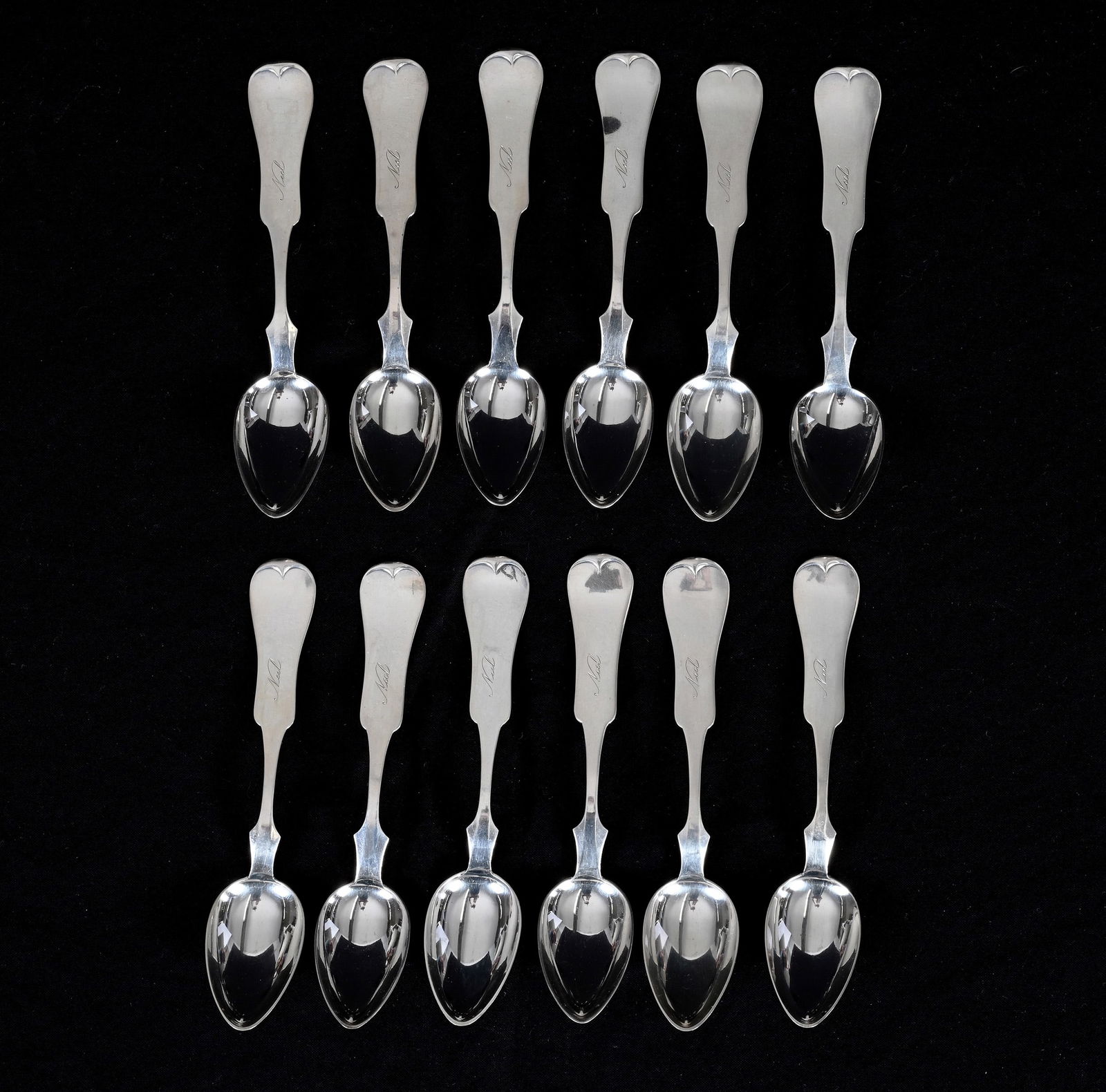 (12) Solid Sterling Silver Teaspoons Marked Duhme & Company (Cincinnati), Circa 1844-1897: (12) Solid Sterling Silver Teaspoons Marked Duhme & Company (Cincinnati), Circa 1844-1897, 5.5 x 1 x 0.875 Inches, 209.0 Grams, Dr. Harold & Audrey Eklund Estate, Iowa.