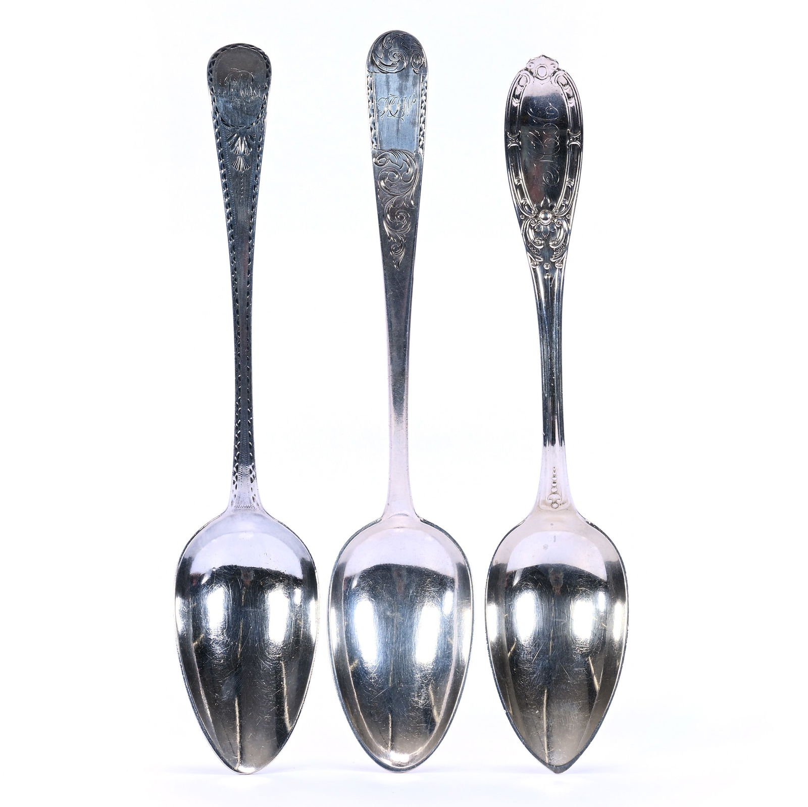 (3) Solid Silver Serving Spoons: (3) Solid Silver Serving Spoons, 9 x 1.75 x 1.5 Inches, One Marked Albert Cole, One Marked Kirk & Sons, 196.0 Grams, Dr. Harold & Audrey Eklund Estate, Iowa.