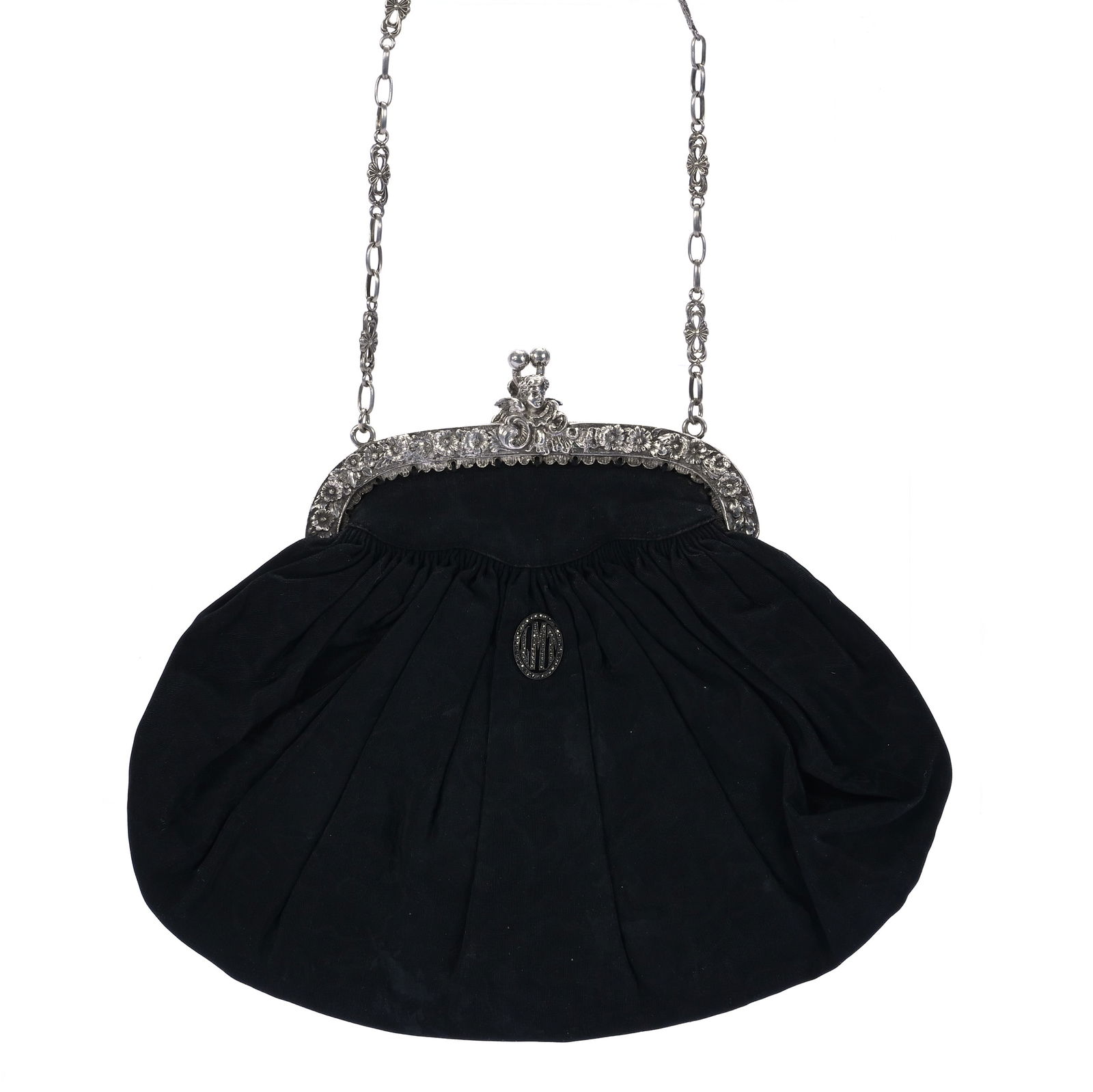 Evening Bag, German Silver Clasp Marked 800 Purity: Evening Bag, German Silver Clasp Marked 800 Purity, 7.5 x 9.5 x 0.5 Inches, Elaborate Floral & Cherub Design, Black Pleated Exterior, Rhinestone Monogram, Original Chain, Lining Has Wear, 0.4 Pounds,