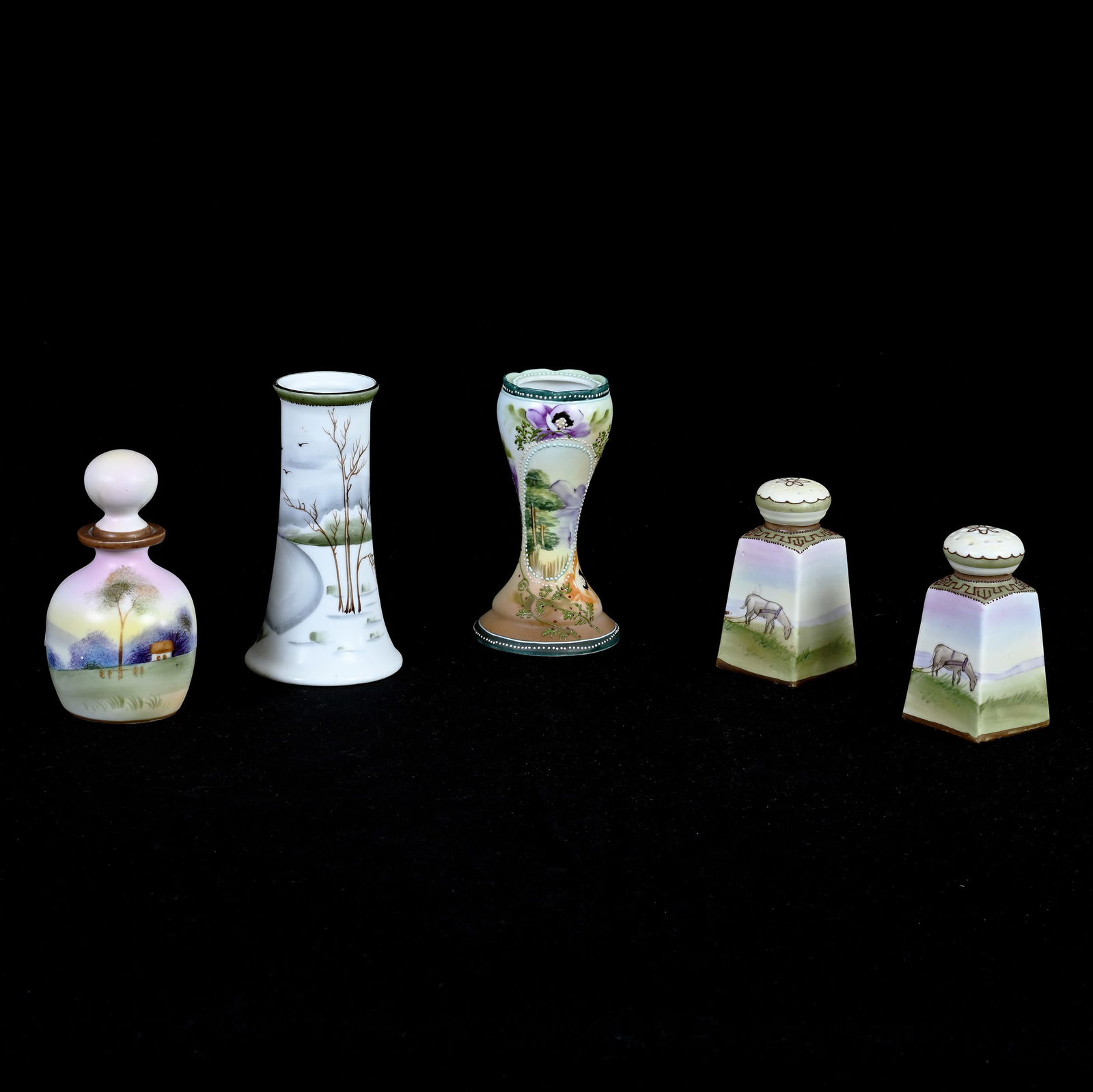 (5) Items Marked Nippon: (5) Items Marked Nippon Including (1) 5" x 2.75" x 2.75" Hatpin Holder, Winter Scene, (1) 4.75" x 2.75" x 2.75" Hatpin Holder, Yellow, Brown & White, Scenic Medallion & Floral Decor, (1) 4.25" x 2.5"