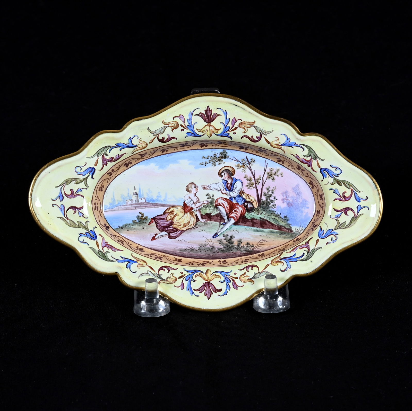 Pin Tray, Unmarked French Enamel: Pin Tray, Unmarked French Enamel, 0.5 x 6 x 3.75 Inches, Classic Courting Scene With Castle & Lake Scenic Decor On Reverse, 0.1 Pounds, Dr. Harold & Audrey Eklund Estate, Iowa.