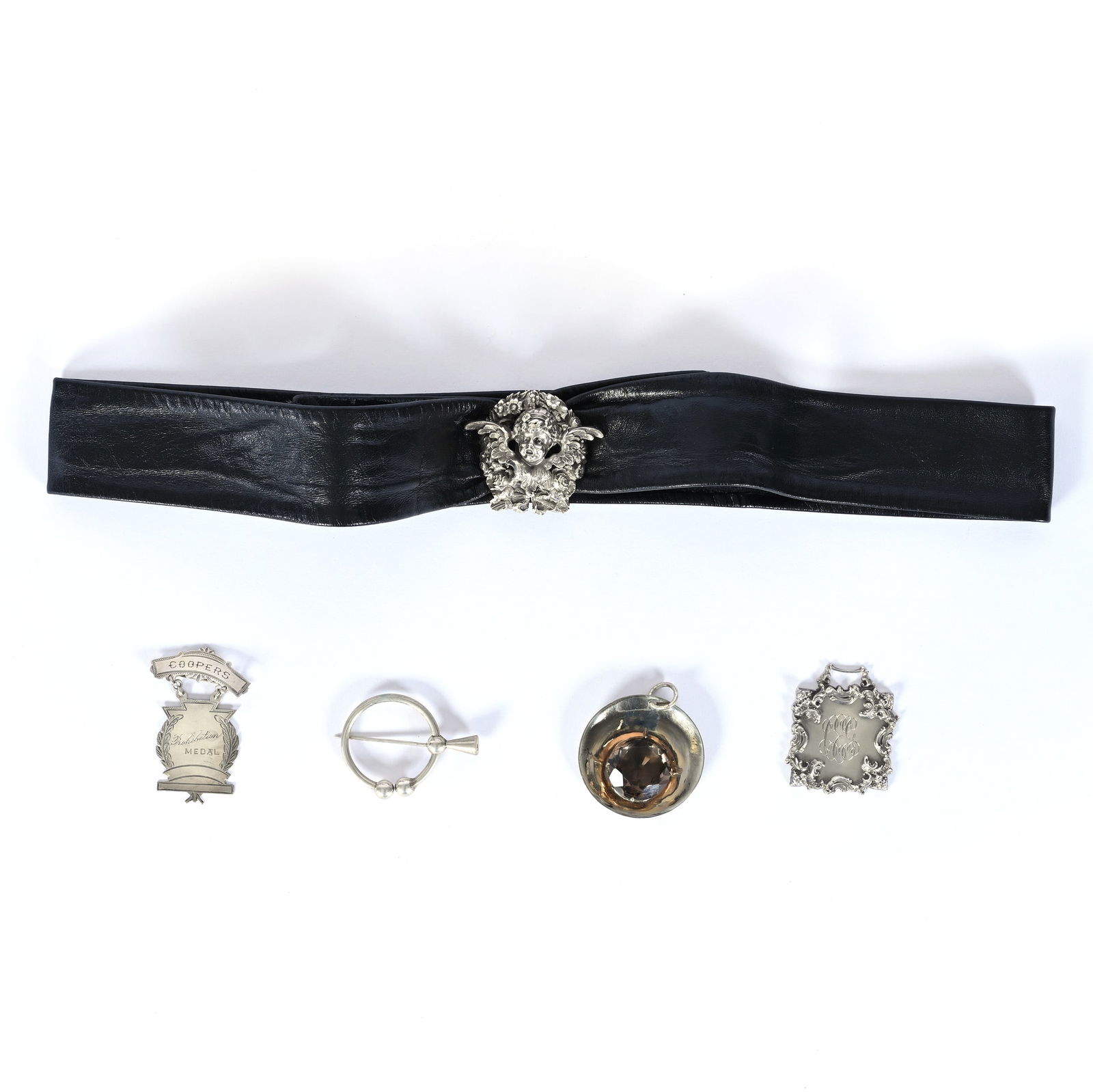 (4) Assorted Sterling Silver Items: (4) Assorted Sterling Silver Items 0.5 x 1.5 x 1.5 Inches, Including (1) Pendant, Disk Shape, Mounted Amber Gem Stone, (1) Sterling Silver Watch Fob, Winged Cherub Design Marked Kirk & Son #23 (1)