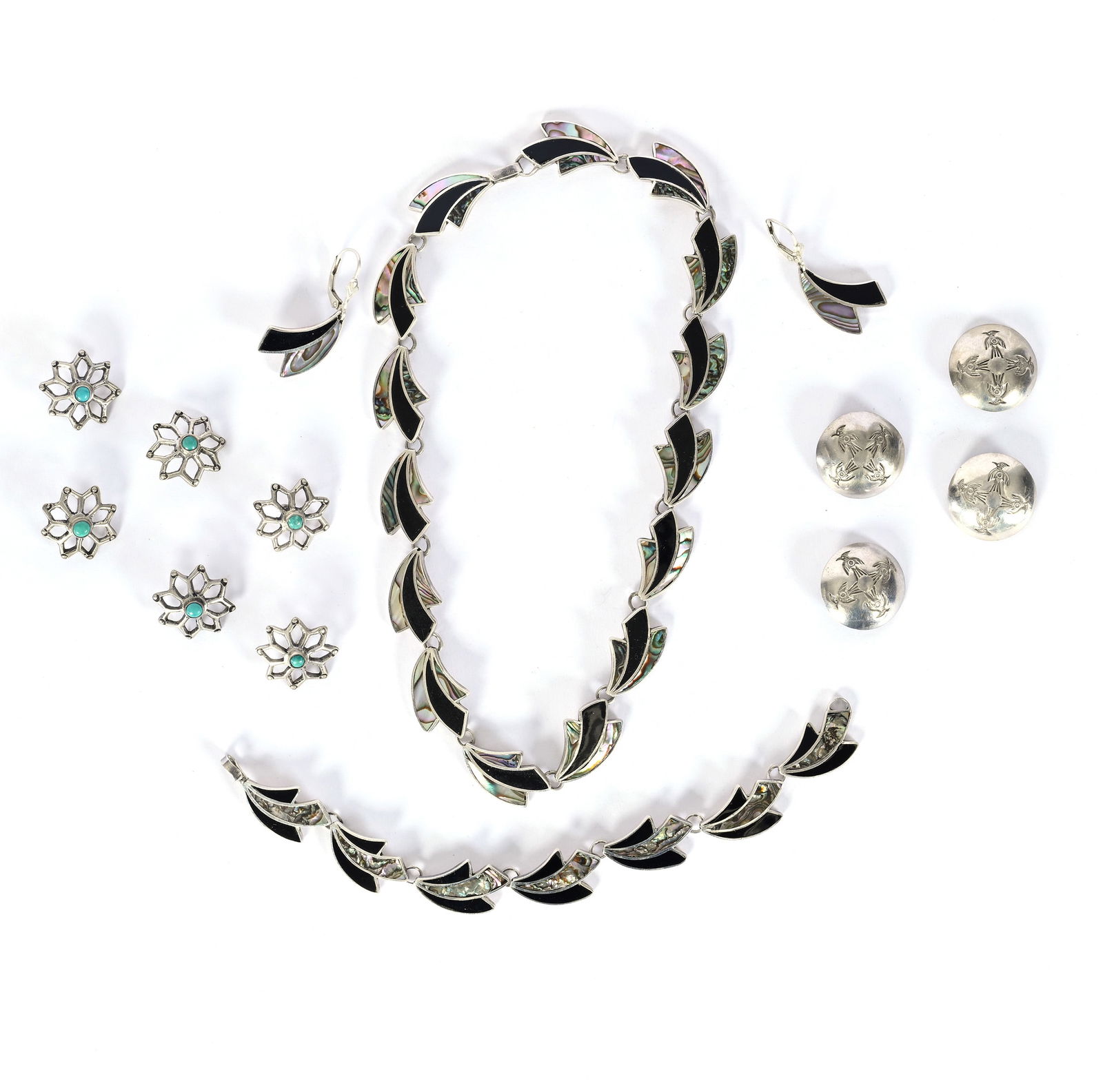 (14) Native American Sterling Silver Items: (14) Native American Sterling Silver Items Including (1) Four Piece Set With 16" Necklace, Bracelet & Pair Earrings, (4) Silver Buttons, (4) Silver & Turquoise Star Shaped Buttons, 107.0 Grams, Dr.