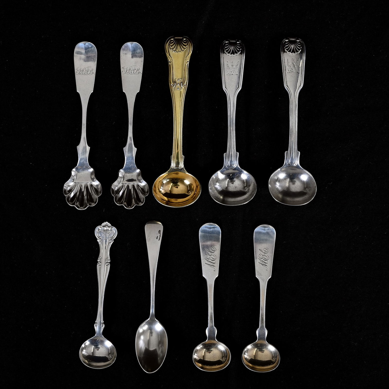 (9) Solid Silver Salt Spoons, Assorted: (9) Solid Silver Salt Spoons, Assorted, 4.25 x 1.125 x 0.5 Inches, Various Makers Including O. Conrad, Gorham, English And More, See Photos For Details, 126.0 Grams, Dr. Harold & Audrey Eklund