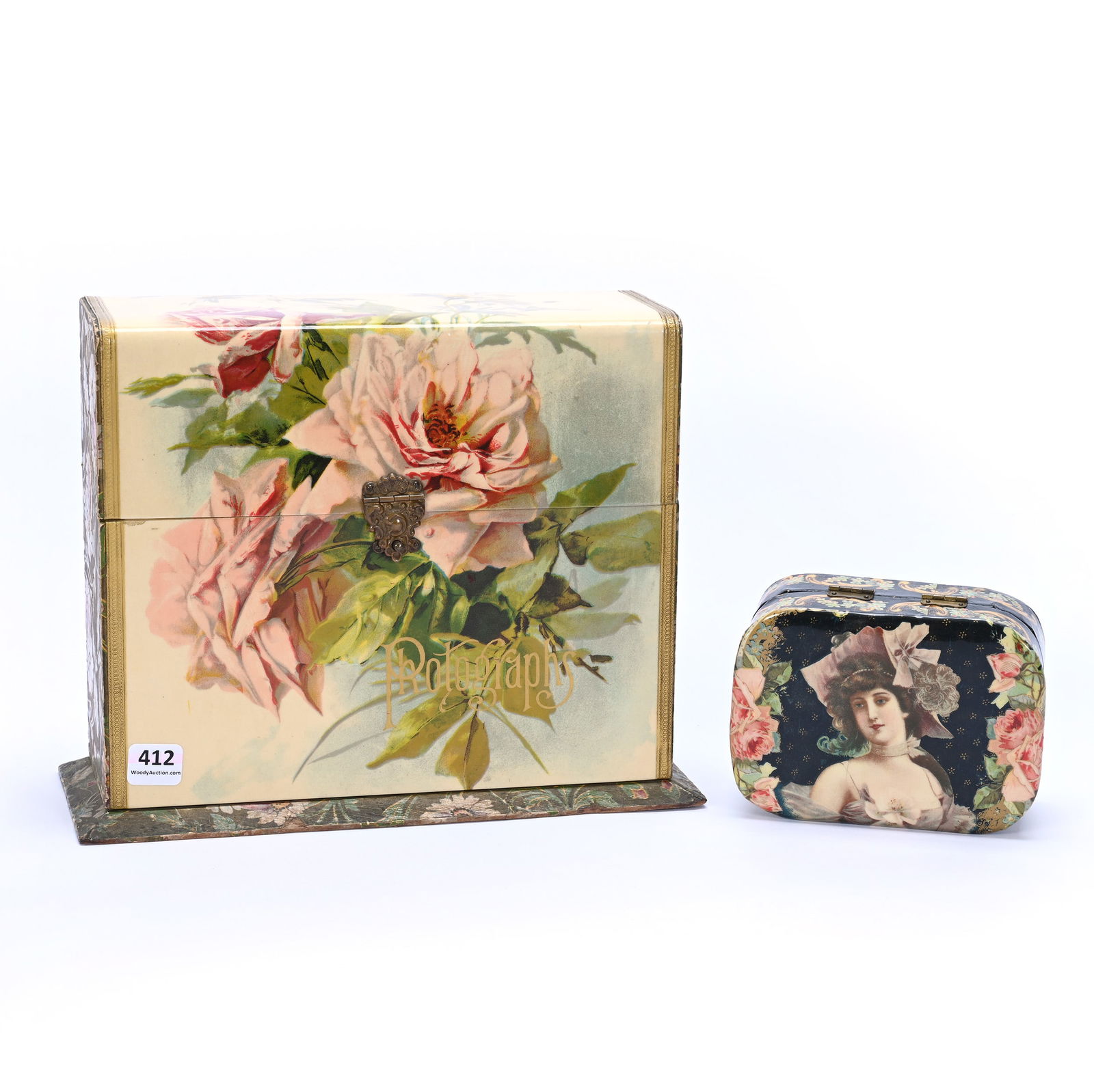 (2) Celluloid Boxes: (2) Celluloid Boxes Including (1) 8.25" x 10.5" x 4.25" Box Marked "Photographs", Silk Lining, Rose Decor, Light Edge Wear, (1) 2.25" x 5" x 3.75" Case For Pocket Watch, Portrait, Floral And Scroll