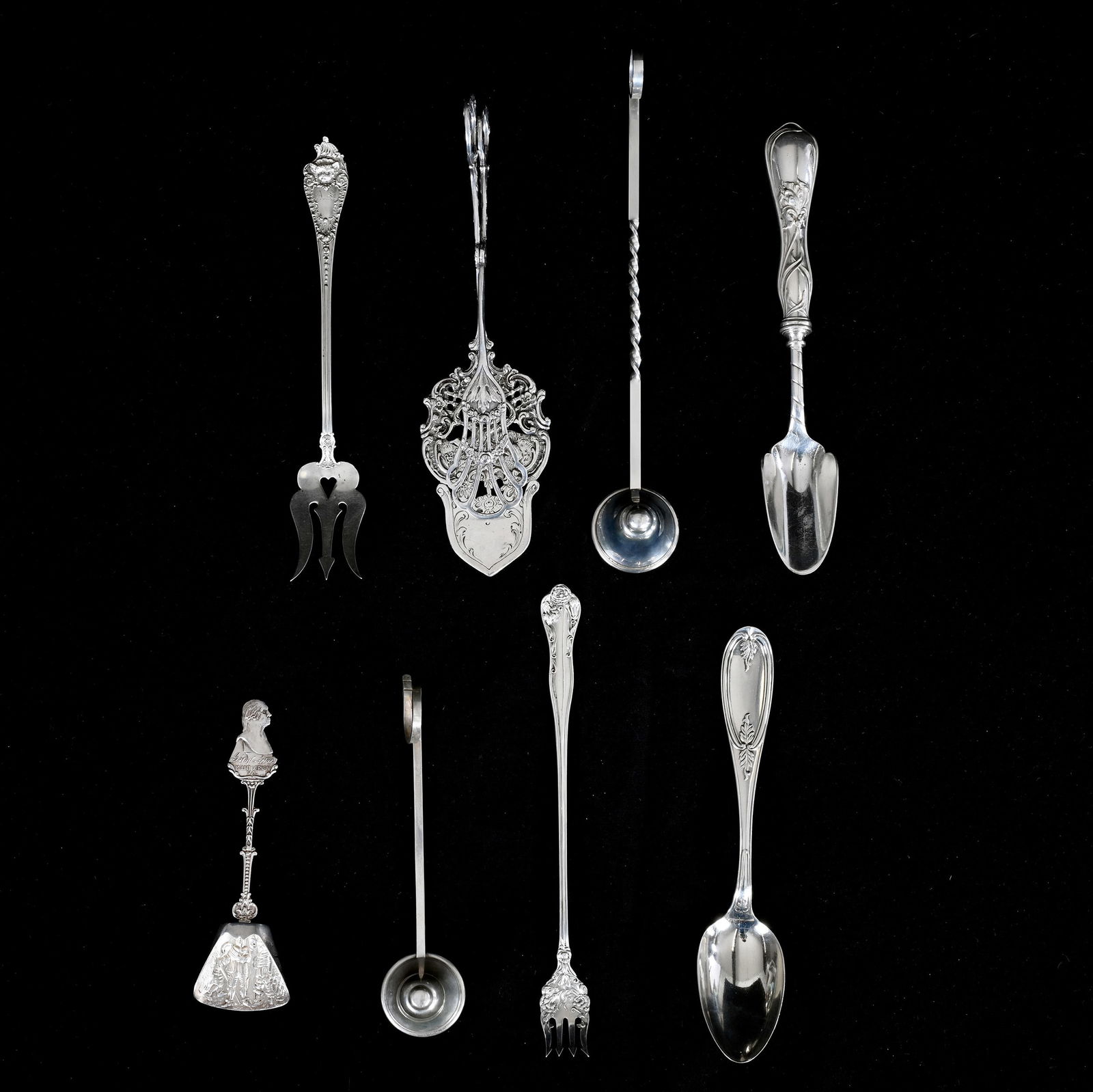 (8) Solid Silver Specialty Items: (8) Solid Silver Specialty Items, 9 x 2.25 x 2 Inches, Includes Candle Snuffers, Tongs, Scoops, Forks And More, See Photos For Details, Most Are Sterling Silver, One Set Of Tongs Marked 800 Purity,