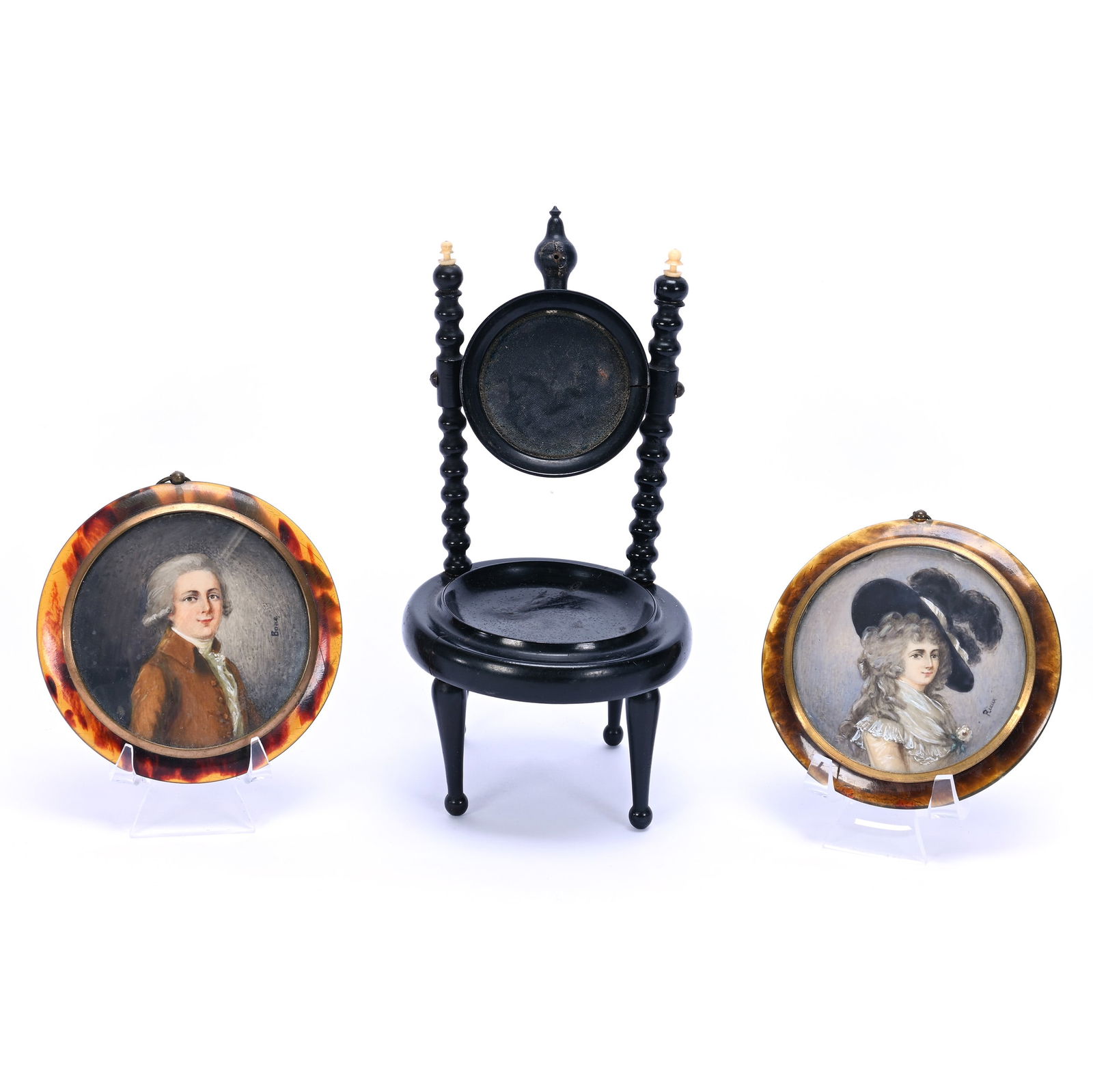 (3) Items: (3) Items, 6 x 3.25 x 3.25 Inches, Including (1) Ebony Pocket Watch Holder & Coin Tray In Shape Of Chair, Missing Hook For Watch, Legs Are Loose, (2) 3.25" Diameter Round Tortoise Shell Celluloid