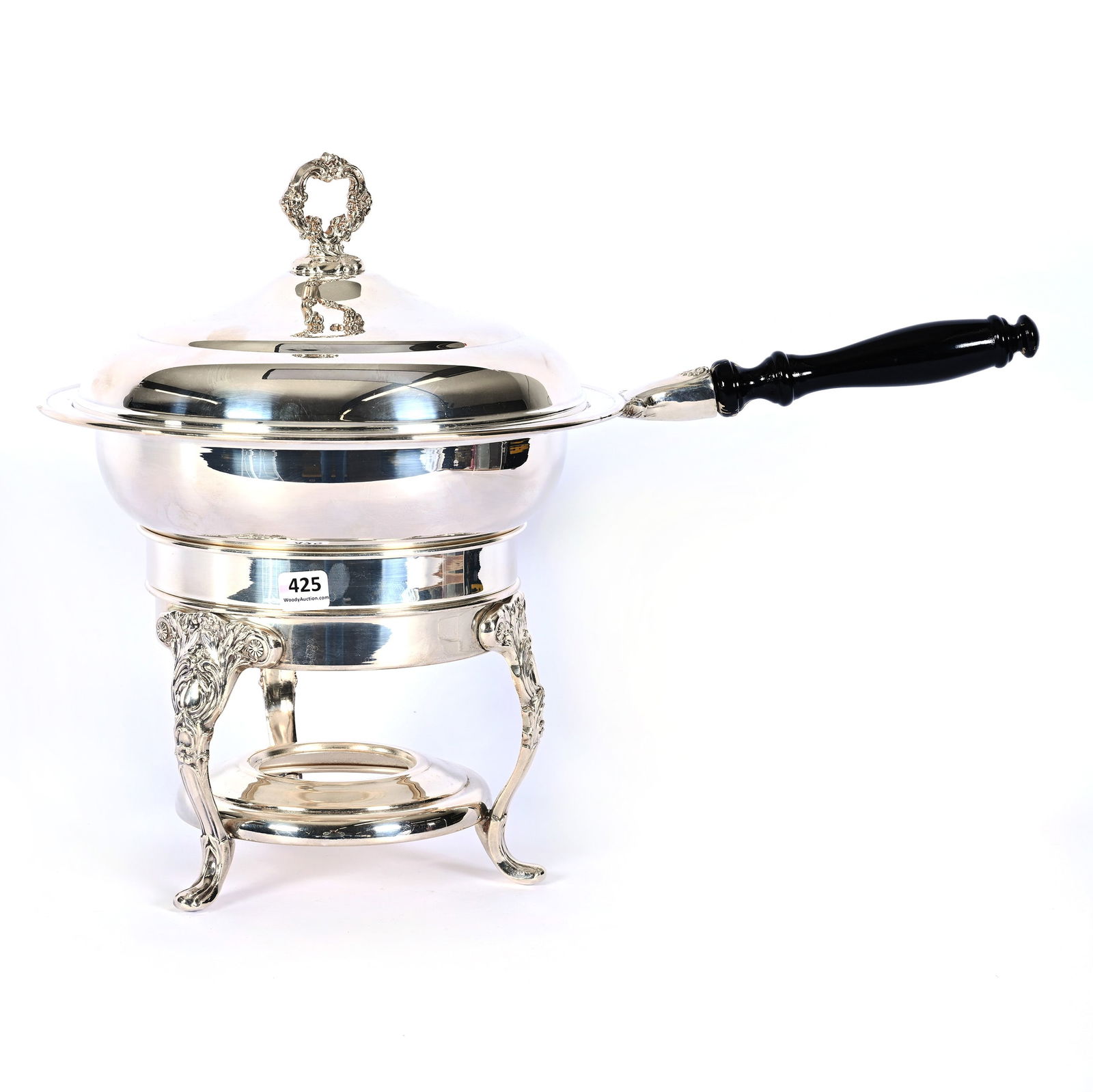 English Silverplate Chafing Dish On Warmer Stand: English Silverplate Chafing Dish On Warmer Stand, 13.5 x 18.5 x 11 Inches, Removable Insert, Ebony Handle On Pan, 5.2 Pounds, Dr. Harold & Audrey Eklund Estate, Iowa.