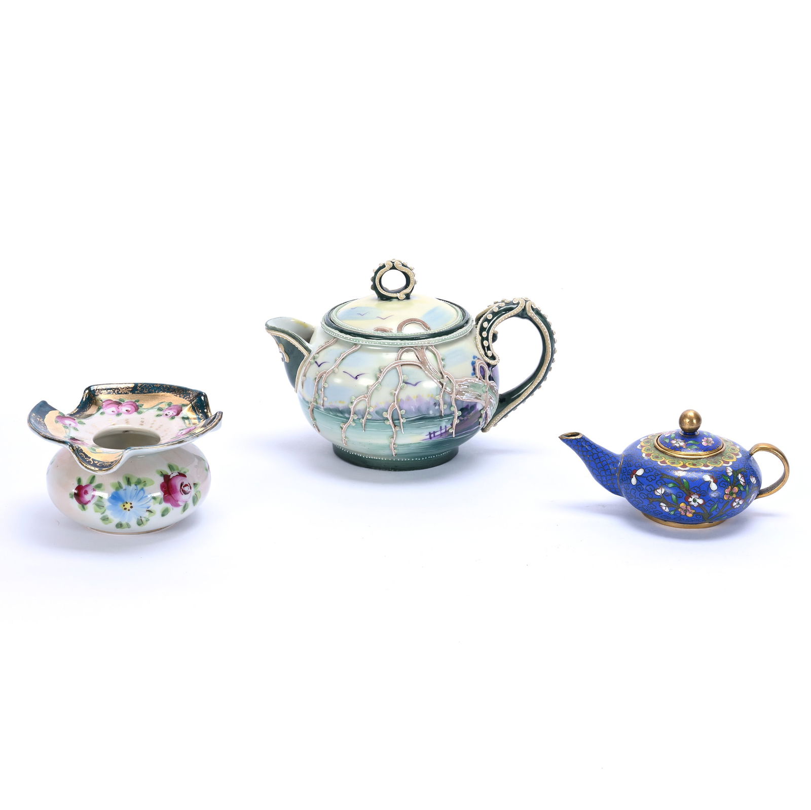 (3) Oriental Items Including: (3) Oriental Items, 4 x 5.5 x 4 Inches, Including (1) Syrup Marked Nippon, Scenic Decor, Moriaga Tree Highlights, (1) 2" x 2.5" Cuspidor Shape Vase Marked Nippon, White With Green Border, Floral