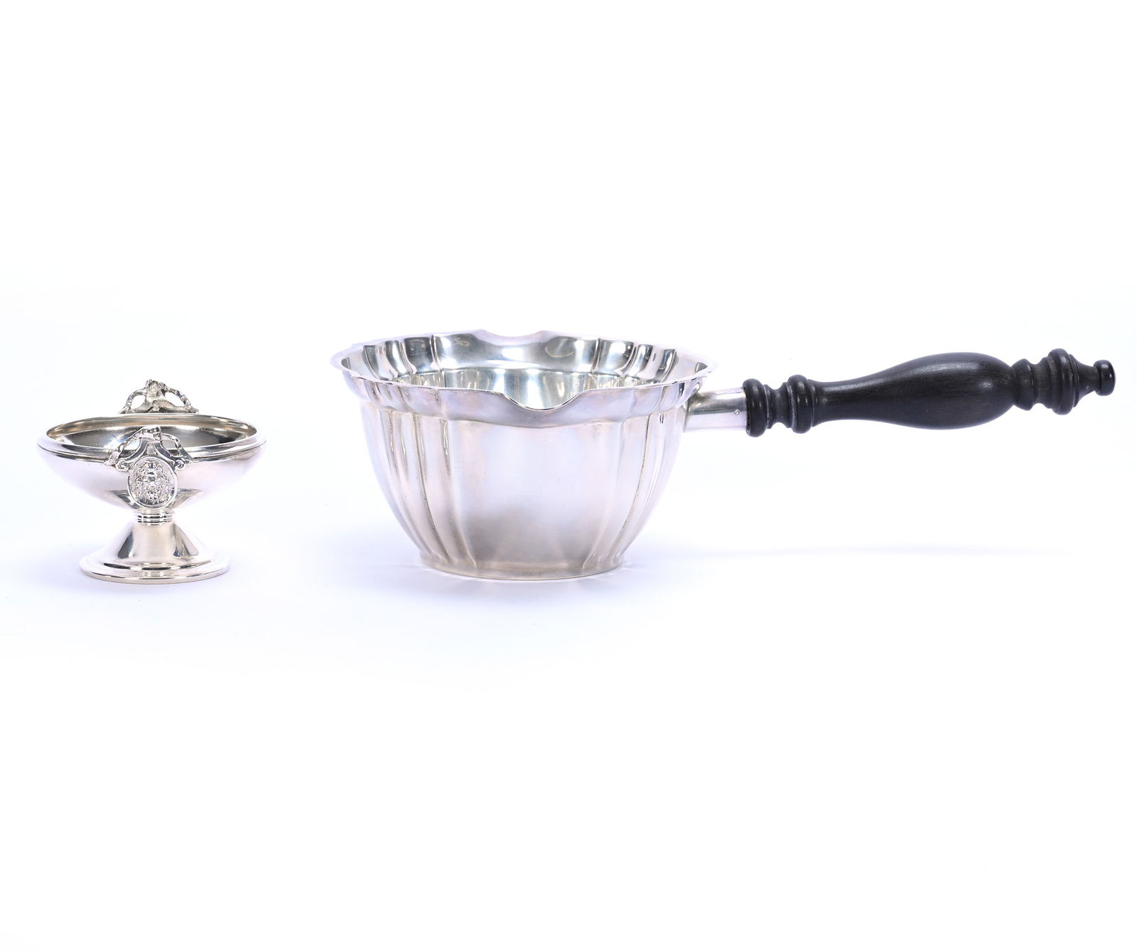 (2) Solid Silver Specialty Items: (2) Solid Silver Specialty Items Including (1) 2.5" x 9.5" x 5.25" Sterling Silver Brandy Warmer Marked Gorham #164/1, Chippendale Pattern, Ebony Wood Handle, (1) 2" x 2.75" x 2.75" Coin Silver