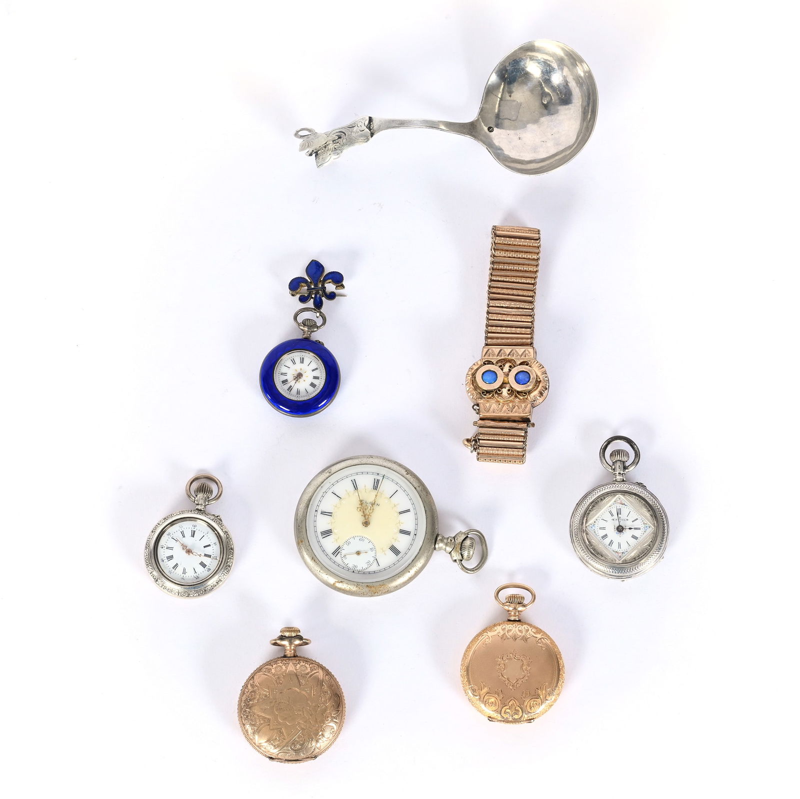 (6) Pocket Watches, (1) Gold Plated Bracelet: (6) Pocket Watches, (1) Gold Plated Bracelet, 2.5 x 2 x 0.5 Inches, Watches Include (1) Swiss 800 Silver Case, (1) Elgin Nickel Case, (1) Marked Bijou Silver 900, (1) Gold Plated American Waltham,