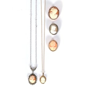 (5) Victorian Era Carved Cameo Broaches And Necklaces