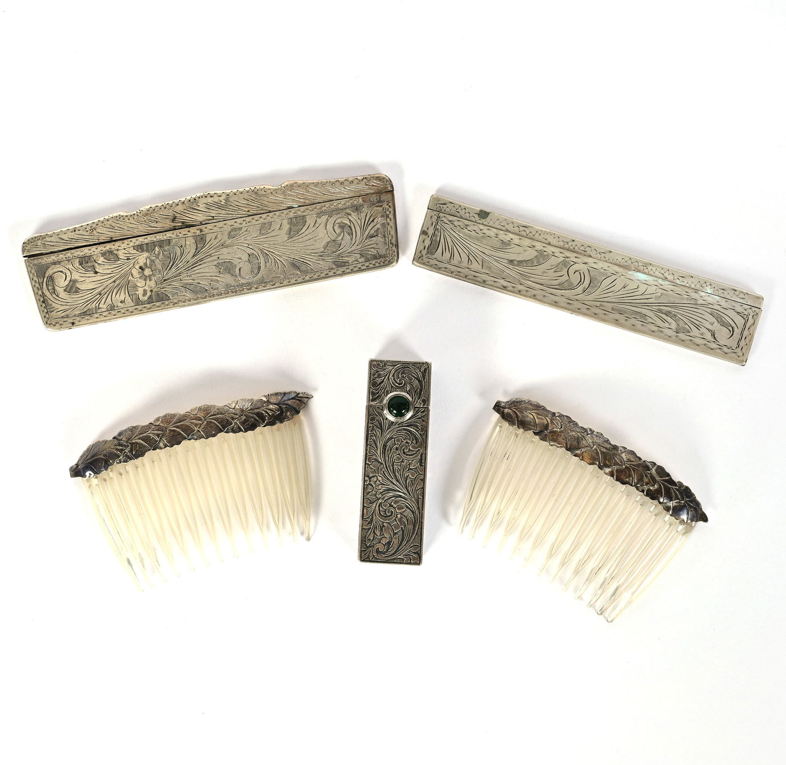 (5) Solid Sterling Silver Vanity Items: (5) Solid Sterling Silver Vanity Items, 4.5 x 1.75 x 0.75 Inches, Including (2) Celluloid Faux Tortoise Shell Combs With Silver Covers, (2) Hair Combs With Clear Tines, (1) Square Lipstick Case,