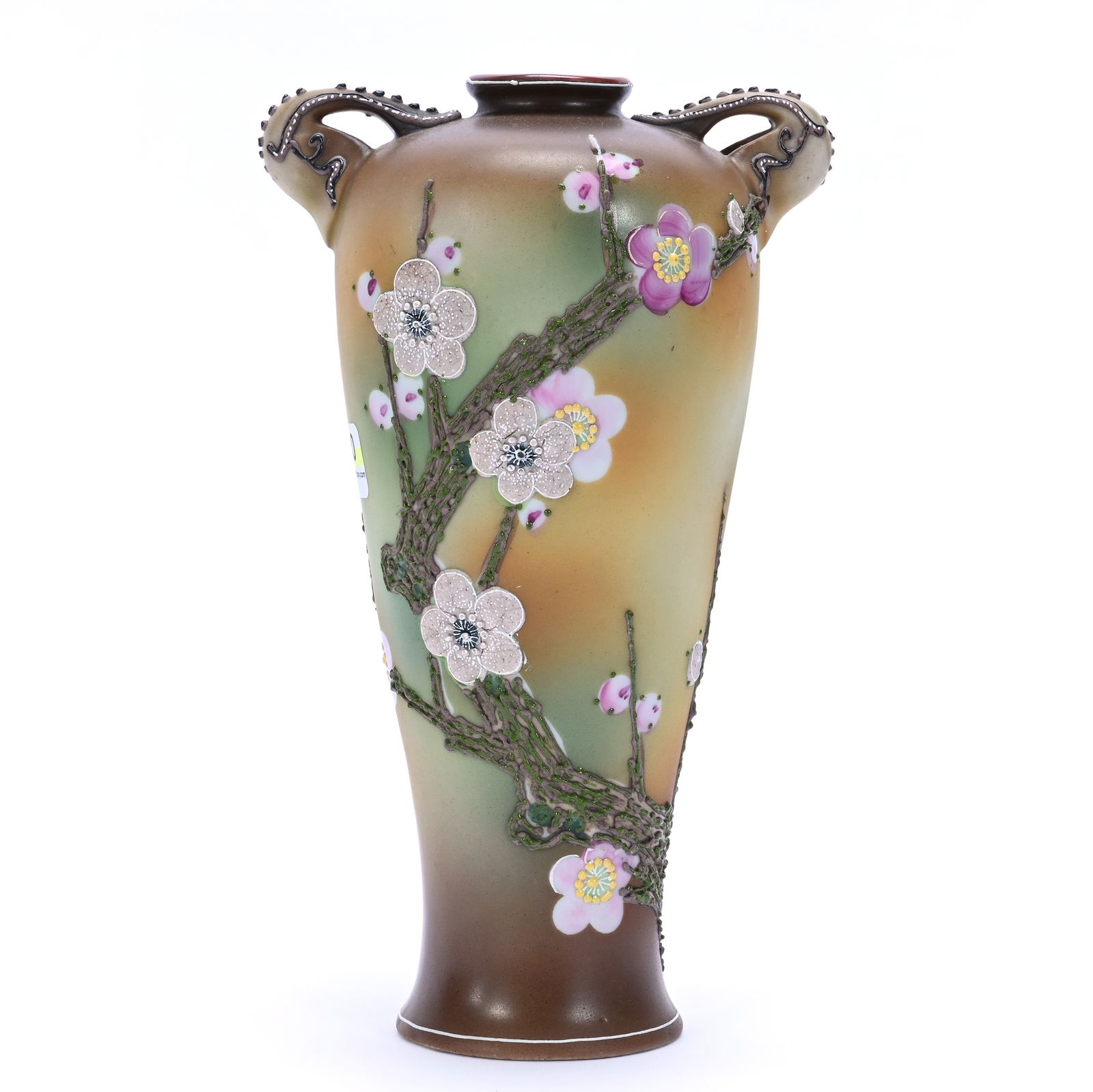 Two Handled Vase, Unmarked Nippon: Two Handled Vase, Unmarked Nippon, 9 x 5.25 x 3.75 Inches, Brown And Green Tones With Moriage Cherry Blossom Overlay, 1.2 Pounds, Susie Cessarini Collection, MD.