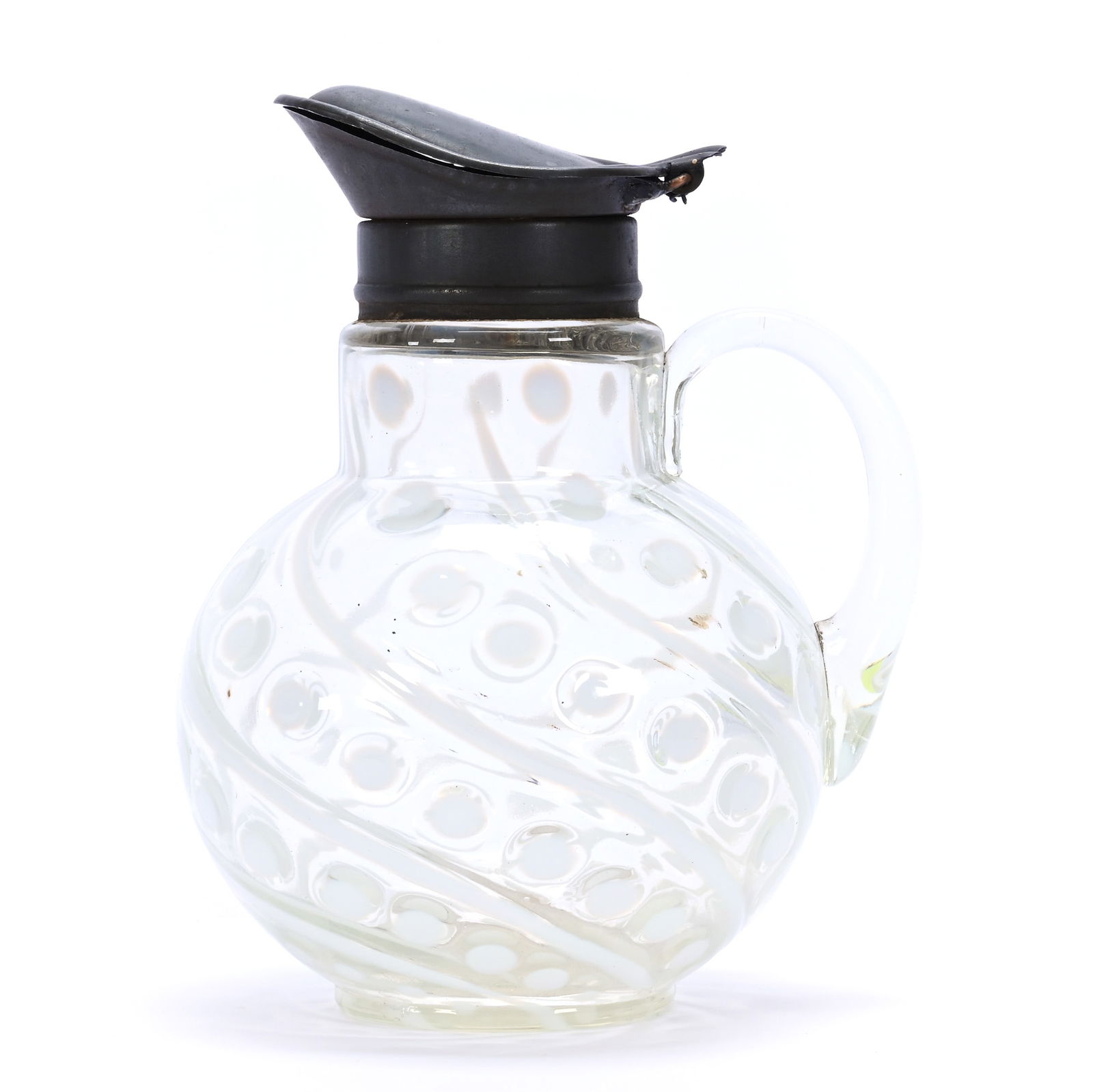 Syrup Pitcher, Clear Opalescent Art Glass: Syrup Pitcher, Clear Opalescent Art Glass, 6 x 4.75 x 4.25 Inches, Coin Dot And Swirl Pattern By Northwood, Metal Flip Spout, 0.7 Pounds, Susie Cessarini Collection, MD.