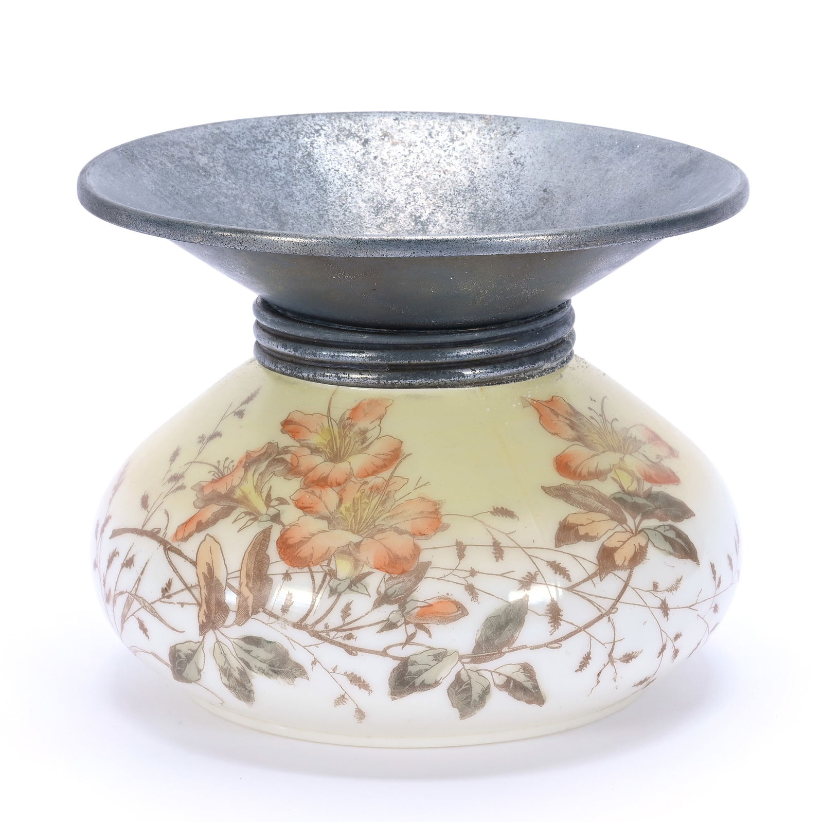 Spittoon, Unmarked Wave Crest Opal Ware: Spittoon, Unmarked Wave Crest Opal Ware, 6 x 7.5 x 7.5 Inches, Yellow And White With Floral Decor, Flared Twist Off Metal Top, 1.7 Pounds, Susie Cessarini Collection, MD.