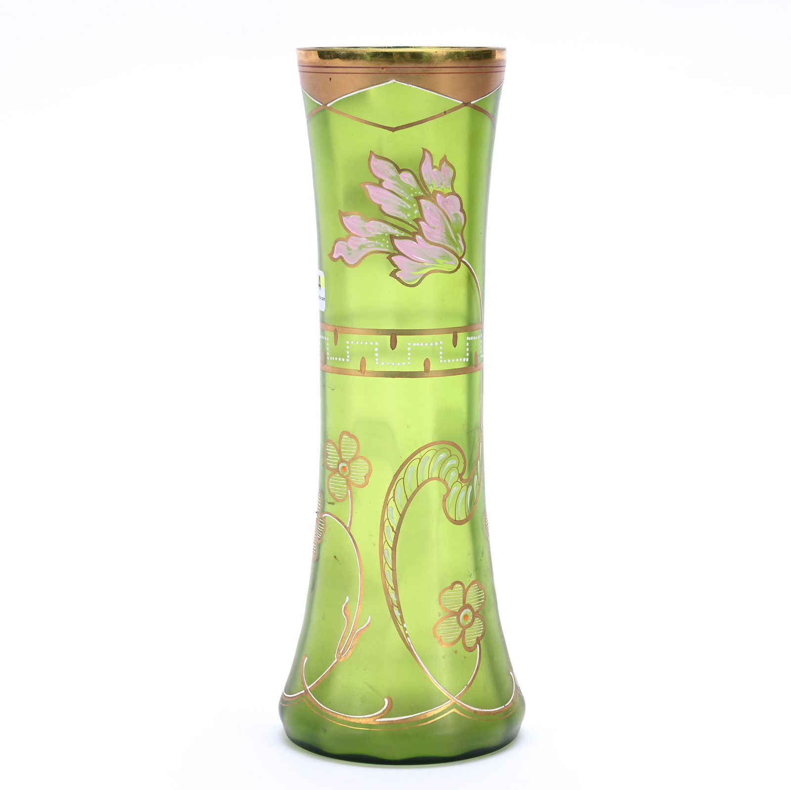 Vase, Green Frosted Art Glass With Enamel Floral Decor (1 of 3)